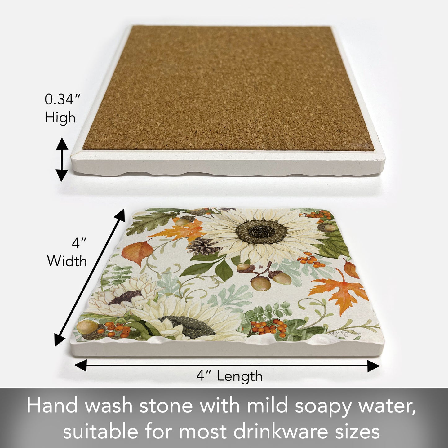 Thirstystone Farmhouse Sunflowers Single Tumbled Tile Stone Coaster with Protective Cork Backing Manufactured in The USA 4" Square, Colorful, Artistiic, Easily Wipes Clean