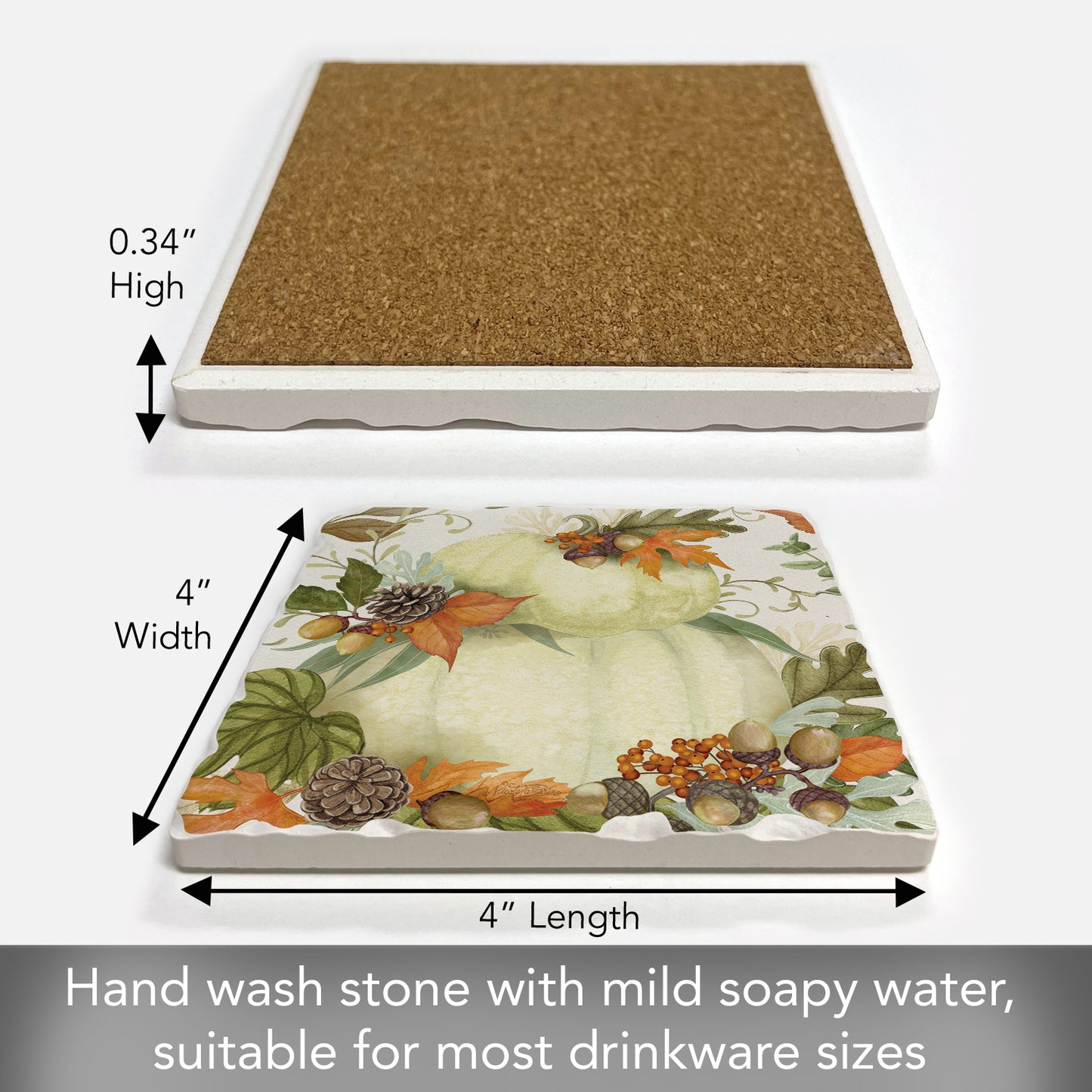 Thirstystone Farmhouse Pumpkin Stack Single Tumbled Tile Stone Coaster with Protective Cork Backing Manufactured in The USA 4" Square, Colorful, Artistiic, Easily Wipes Clean