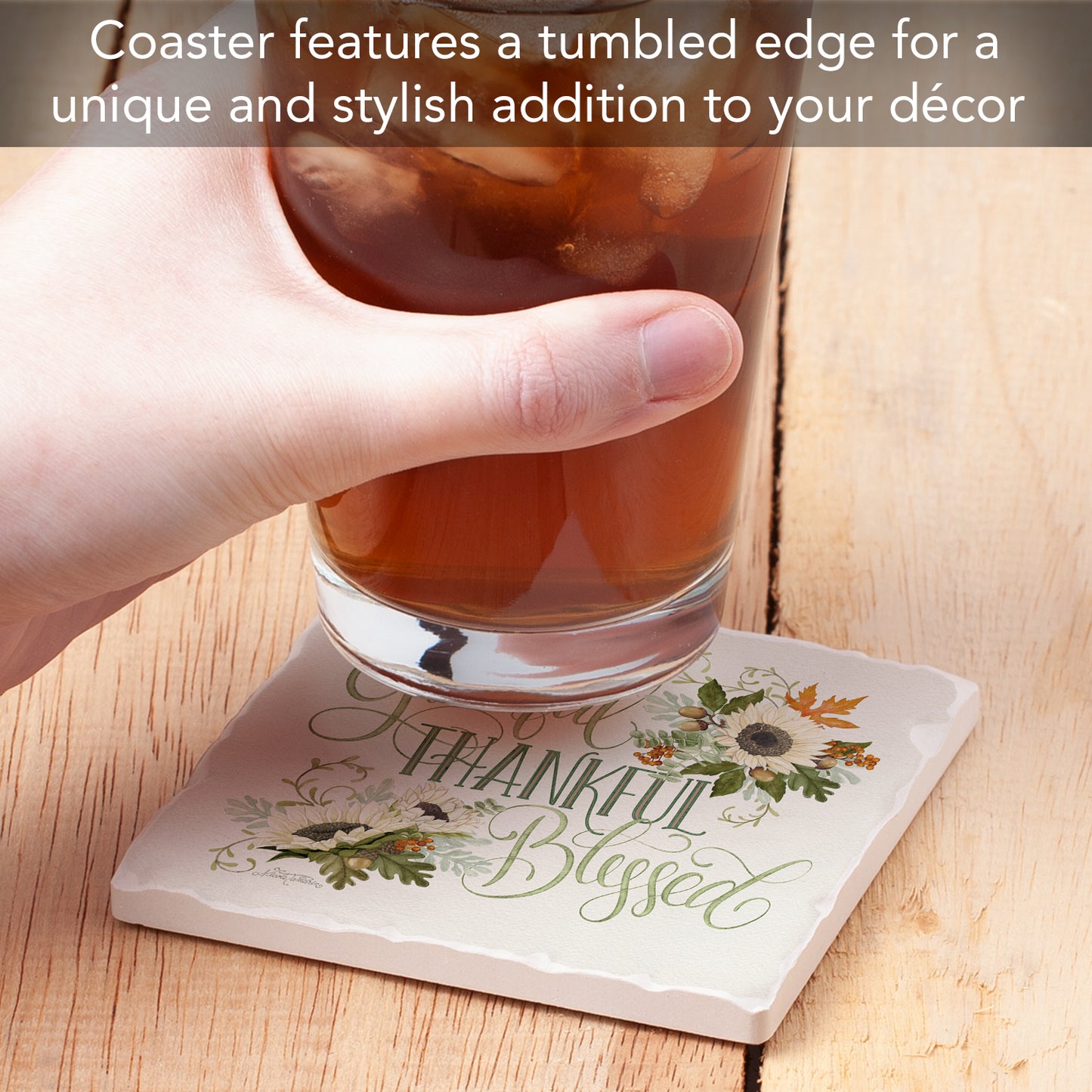 Thirstystone Thankful Single Tumbled Tile Stone Coaster with Protective Cork Backing Manufactured in The USA 4" Square, Colorful, Artistic, Easily Wipes Clean