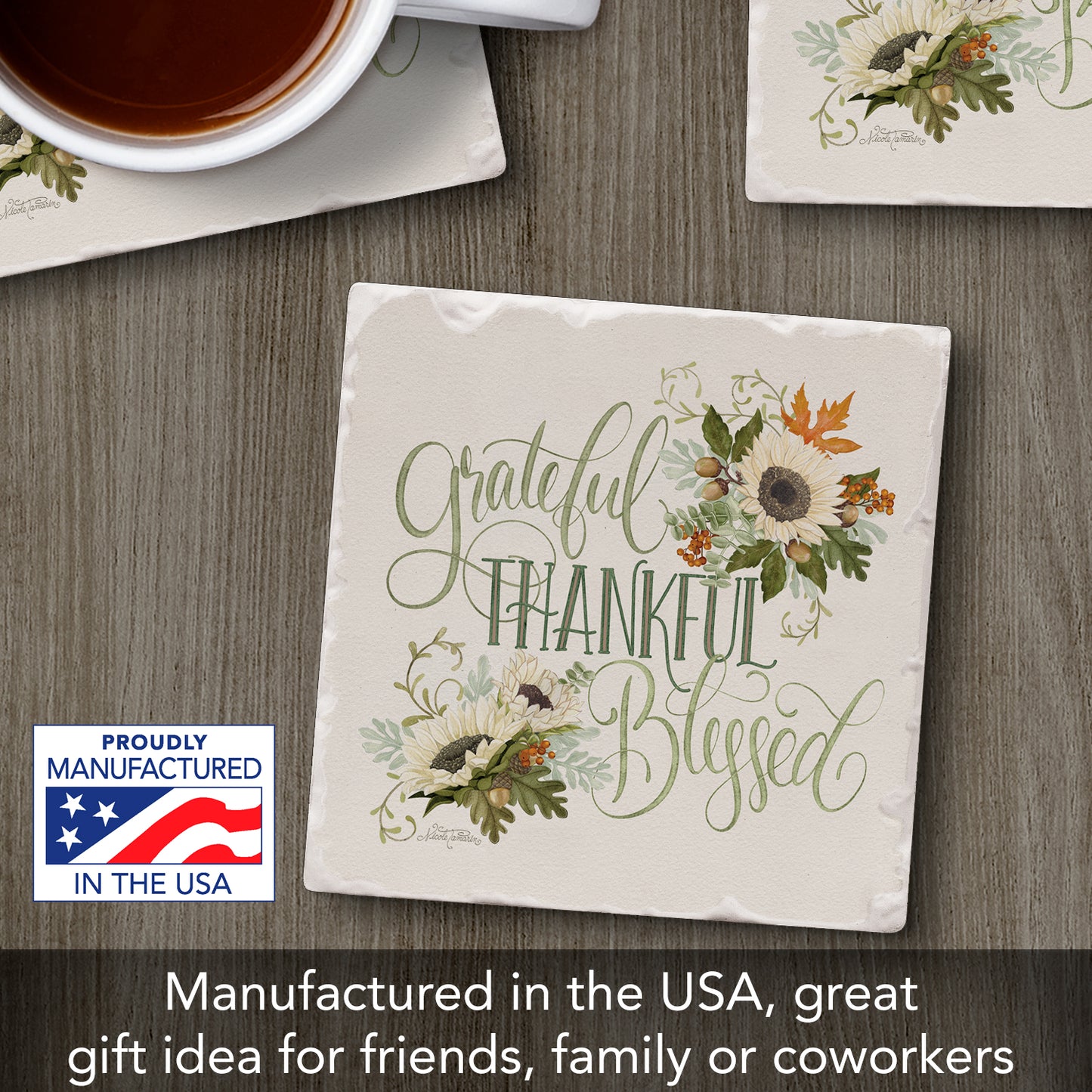 Thirstystone Thankful Single Tumbled Tile Stone Coaster with Protective Cork Backing Manufactured in The USA 4" Square, Colorful, Artistic, Easily Wipes Clean