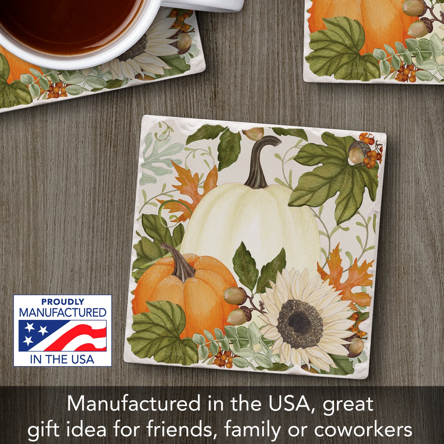 Thirstystone Farmhouse Pumpkins Single Tumbled Tile Stone Coaster with Protective Cork Backing Manufactured in The USA 4" Square, Colorful, Artistiic, Easily Wipes Clean