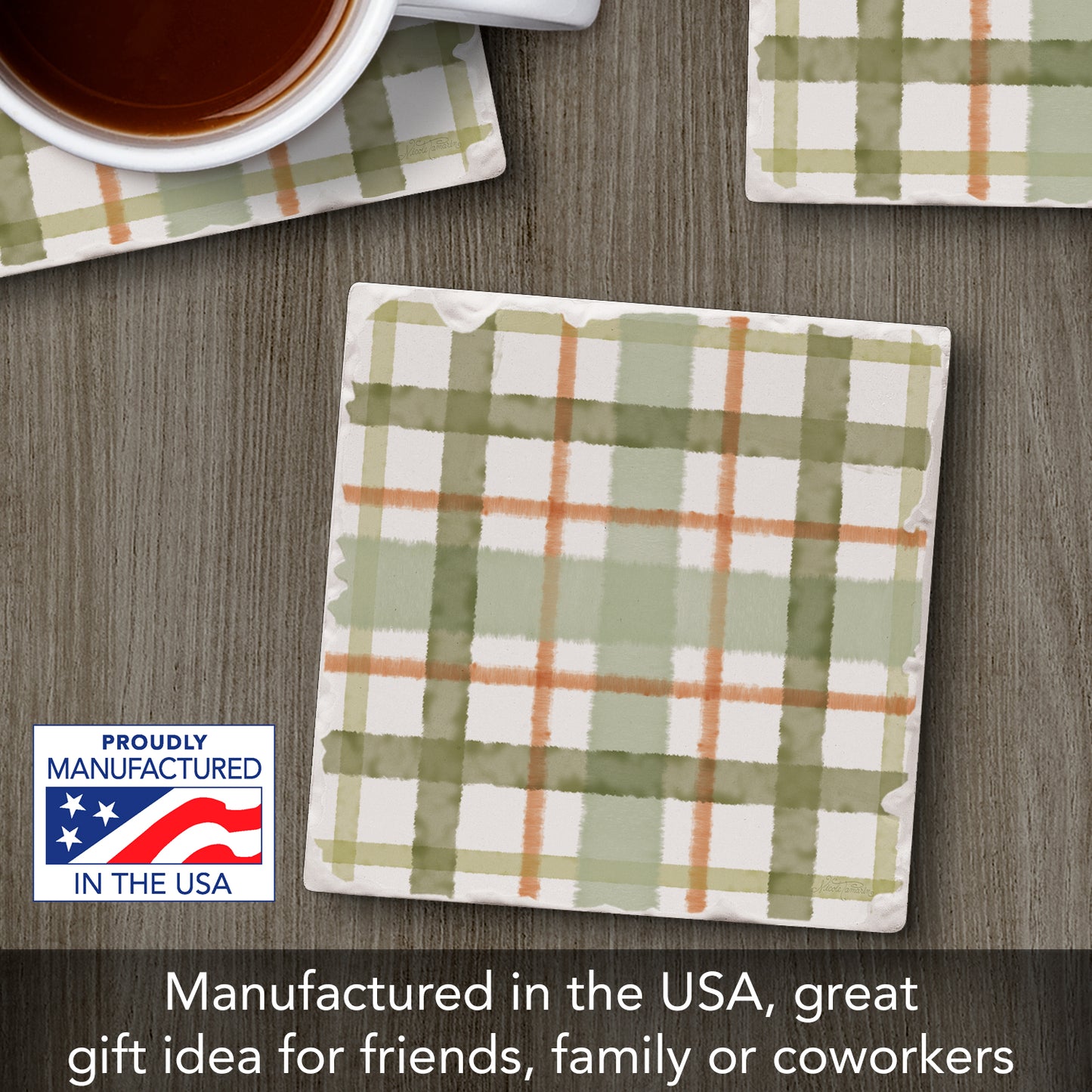 Thirstystone Farmhouse Plaid Single Tumbled Tile Stone Coaster with Protective Cork Backing Manufactured in The USA 4" Square, Colorful, Artistiic, Easily Wipes Clean