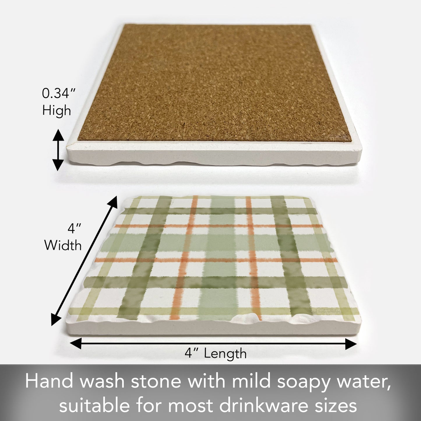 Thirstystone Farmhouse Plaid Single Tumbled Tile Stone Coaster with Protective Cork Backing Manufactured in The USA 4" Square, Colorful, Artistiic, Easily Wipes Clean