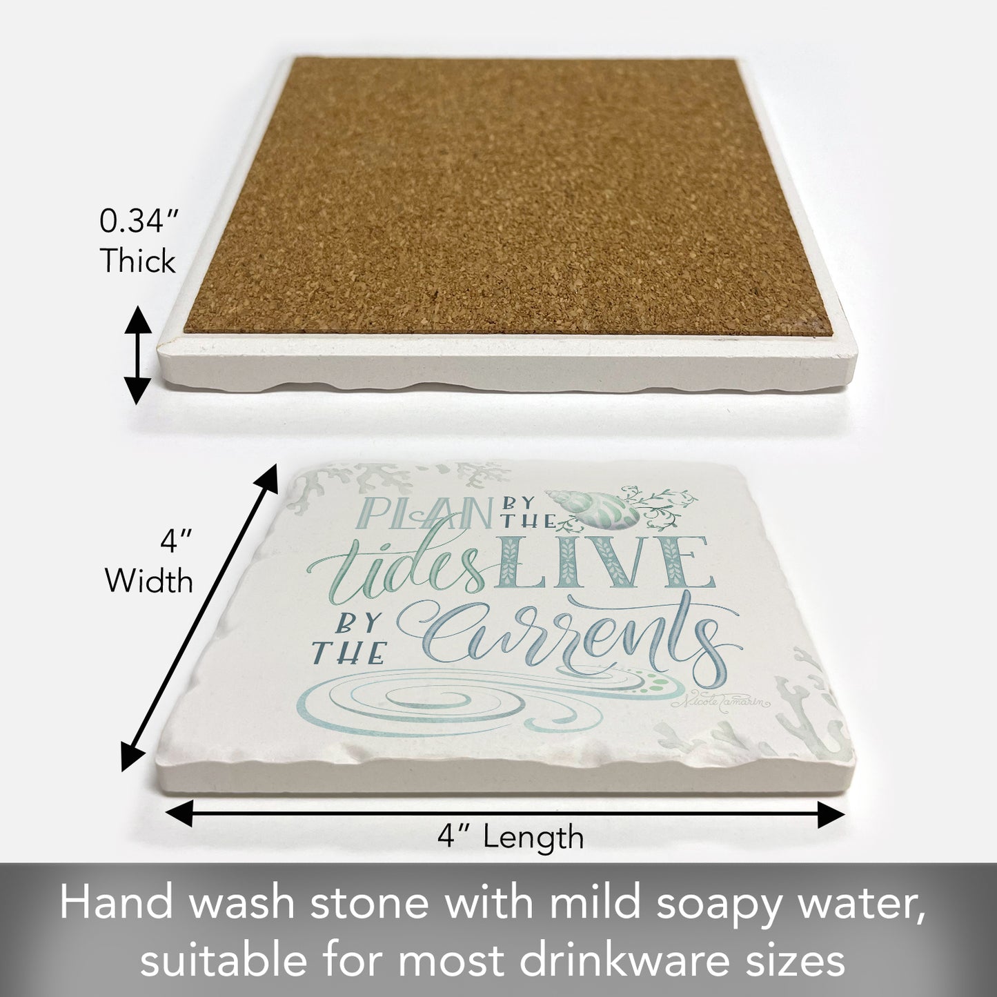 Thirstystone Plan by The Tides Single Tumbled Tile Stone Coaster with Protective Cork Backing Manufactured in The USA 4" Square, Colorful, Artistic, Easily Wipes Clean