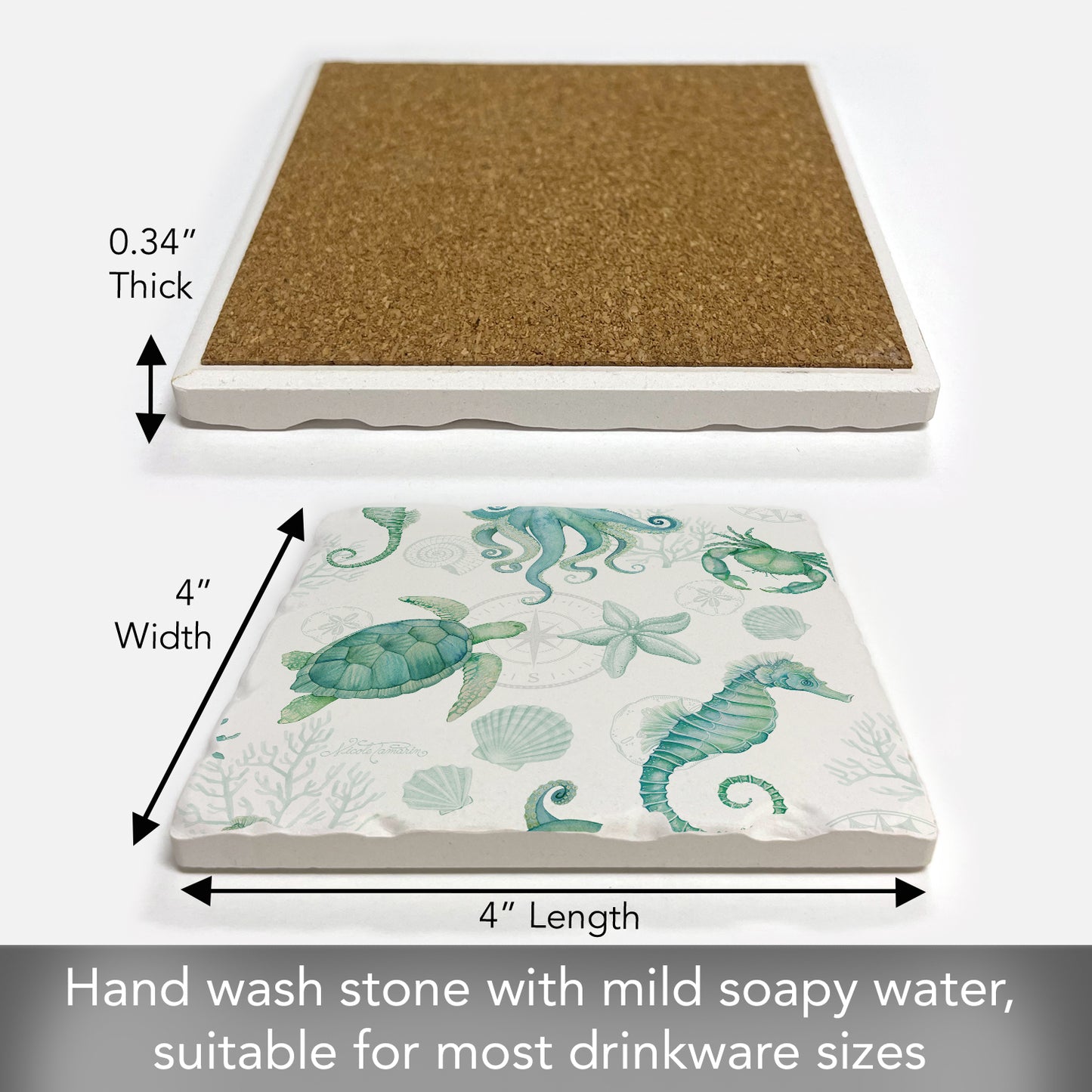 Thirstystone Beach Sealife Single Tumbled Tile Stone Coaster with Protective Cork Backing Manufactured in The USA 4" Square, Colorful, Artistic, Easily Wipes Clean