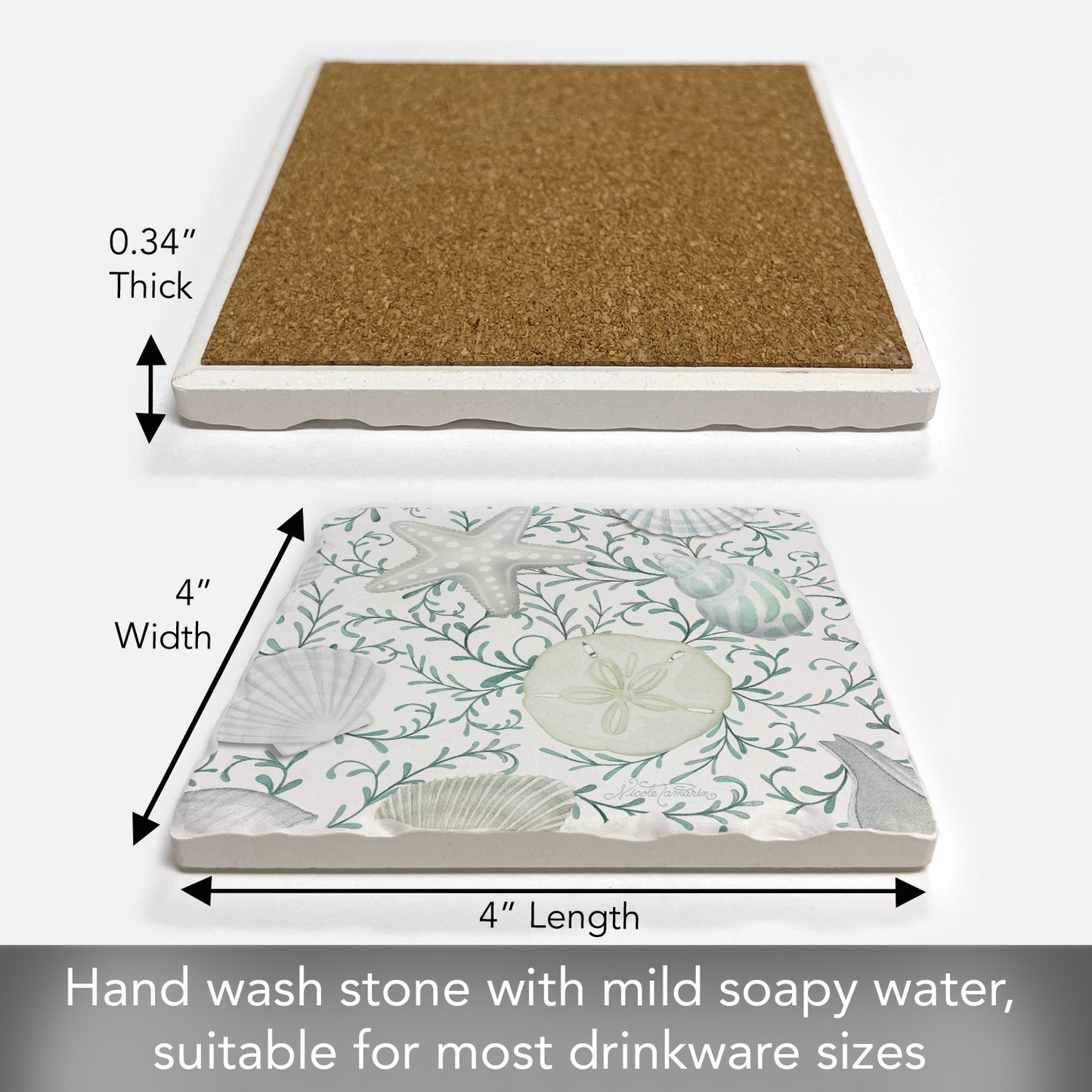 Thirstystone Beach Therapy Shells Single Tumbled Tile Stone Coaster with Protective Cork Backing Manufactured in The USA 4" Square, Colorful, Artistic, Easily Wipes Clean