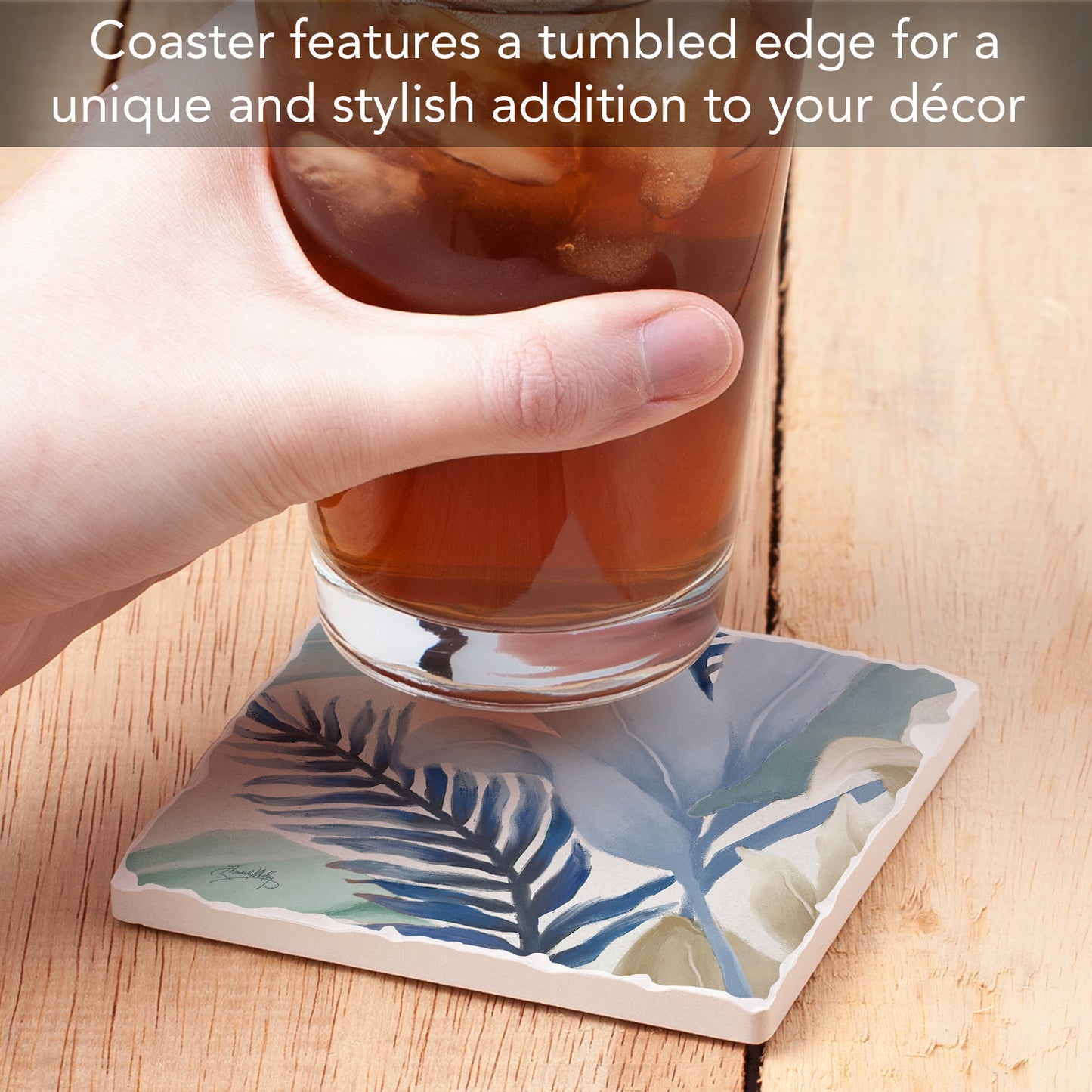Thirstystone Blue Palms Single Tumbled Tile Stone Coaster with Protective Cork Backing Manufactured in The USA 4" Square, Colorful, Artistiic, Easily Wipes Clean