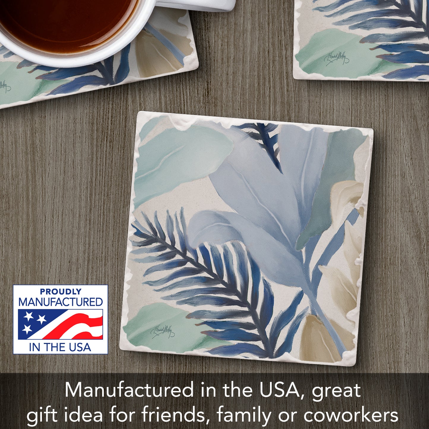 Thirstystone Blue Palms Single Tumbled Tile Stone Coaster with Protective Cork Backing Manufactured in The USA 4" Square, Colorful, Artistiic, Easily Wipes Clean