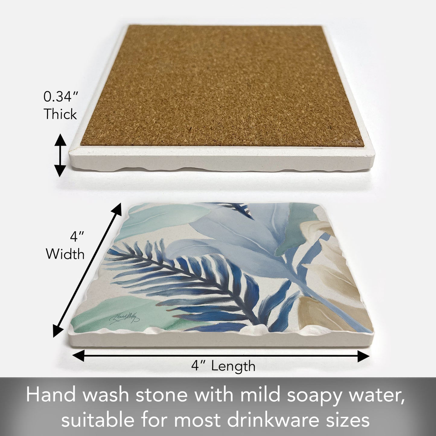 Thirstystone Blue Palms Single Tumbled Tile Stone Coaster with Protective Cork Backing Manufactured in The USA 4" Square, Colorful, Artistiic, Easily Wipes Clean