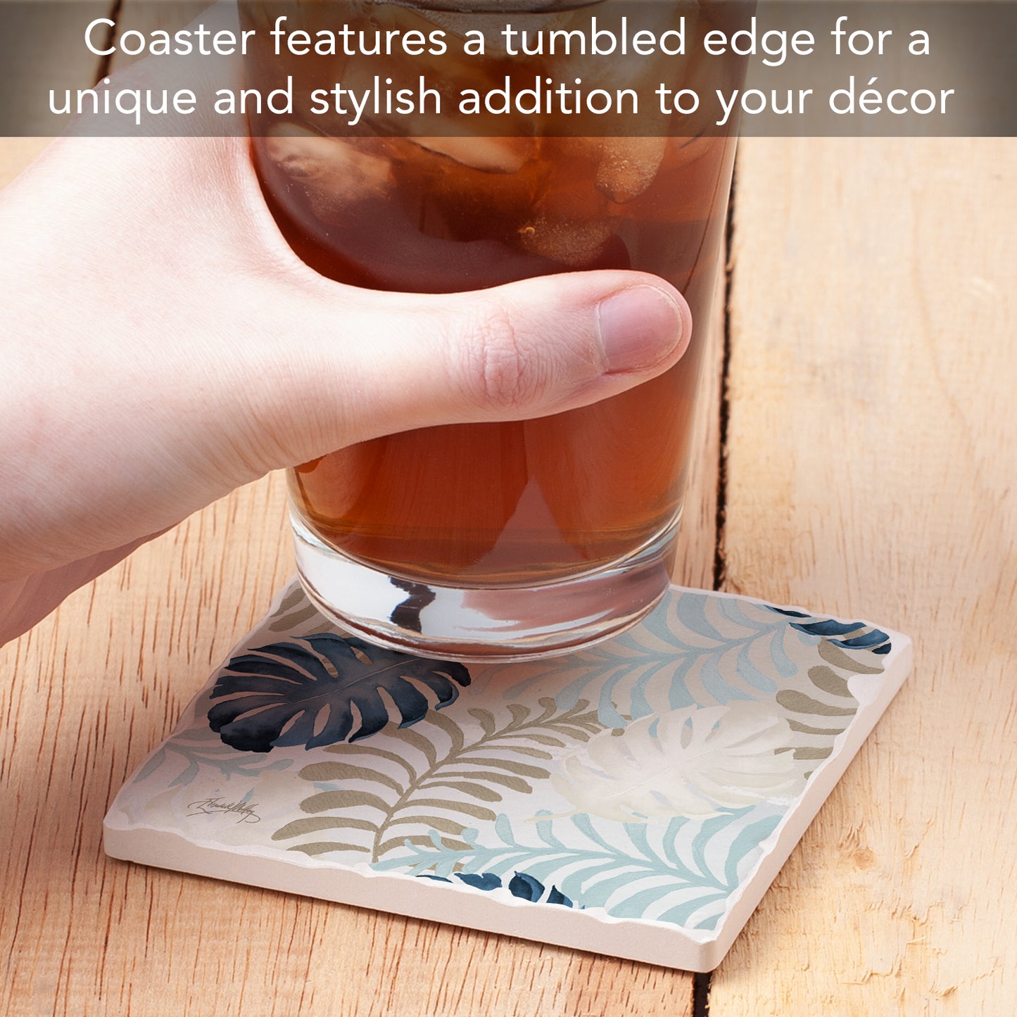 Thirstystone Blue Havana Palm Single Tumbled Tile Stone Coaster with Protective Cork Backing Manufactured in The USA 4" Square, Colorful, Artistiic, Easily Wipes Clean