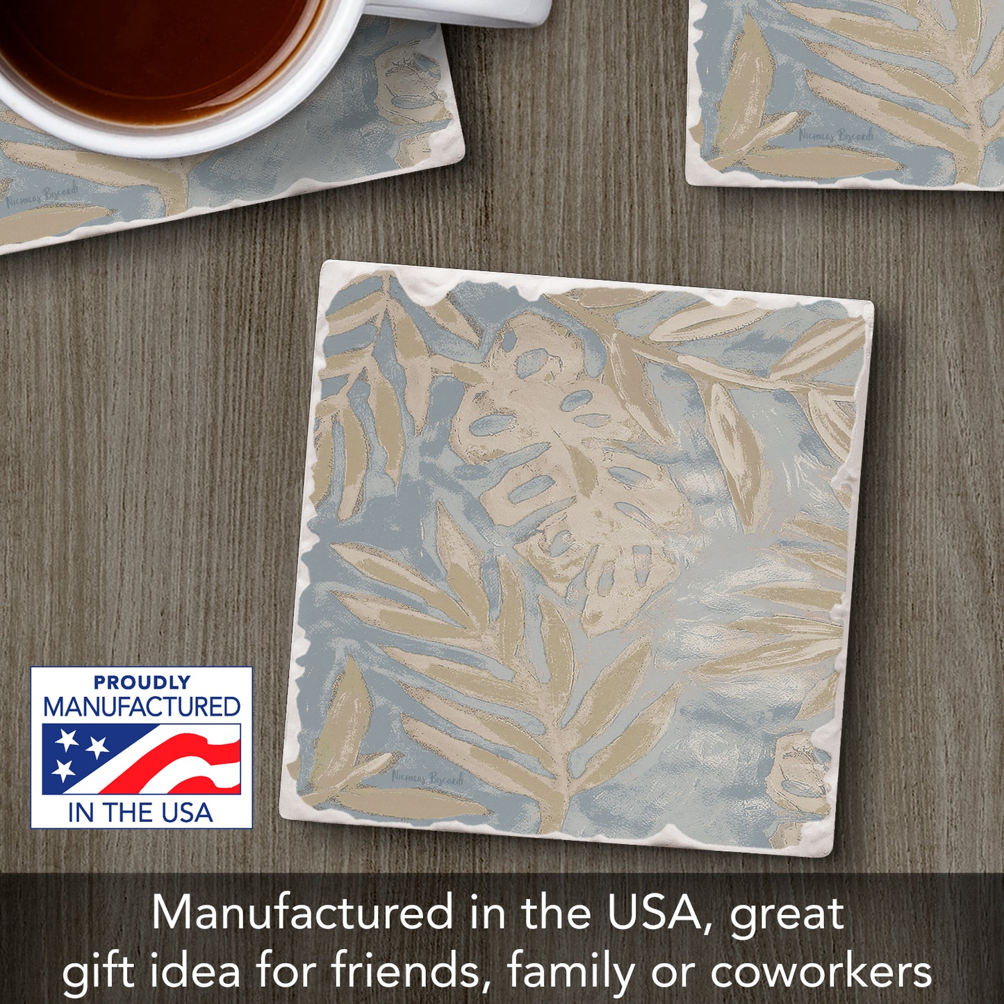 Thirstystone Coastal Leaves Single Tumbled Tile Stone Coaster with Protective Cork Backing Manufactured in The USA 4" Square, Colorful, Artistiic, Easily Wipes Clean