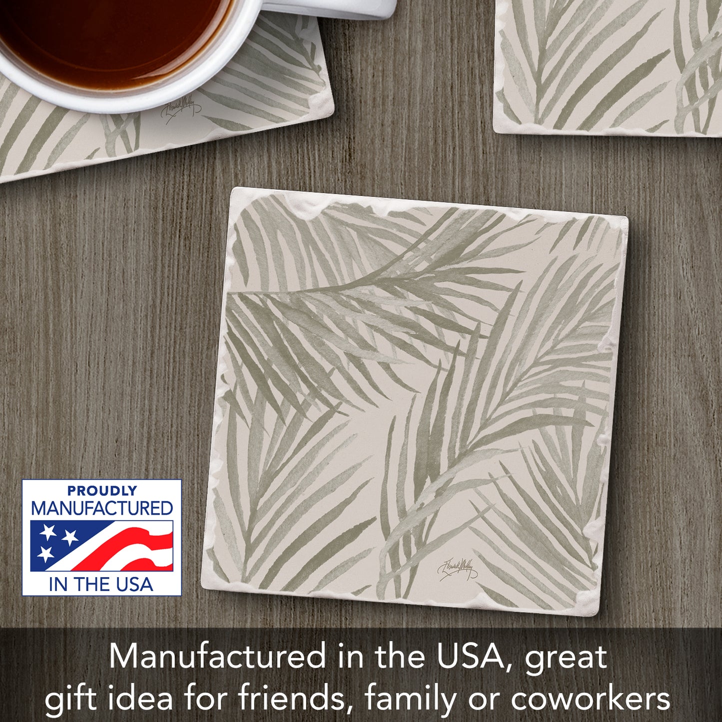 Thirstystone Palm Fronds Single Tumbled Tile Stone Coaster with Protective Cork Backing Manufactured in The USA 4" Square, Colorful, Artistiic, Easily Wipes Clean