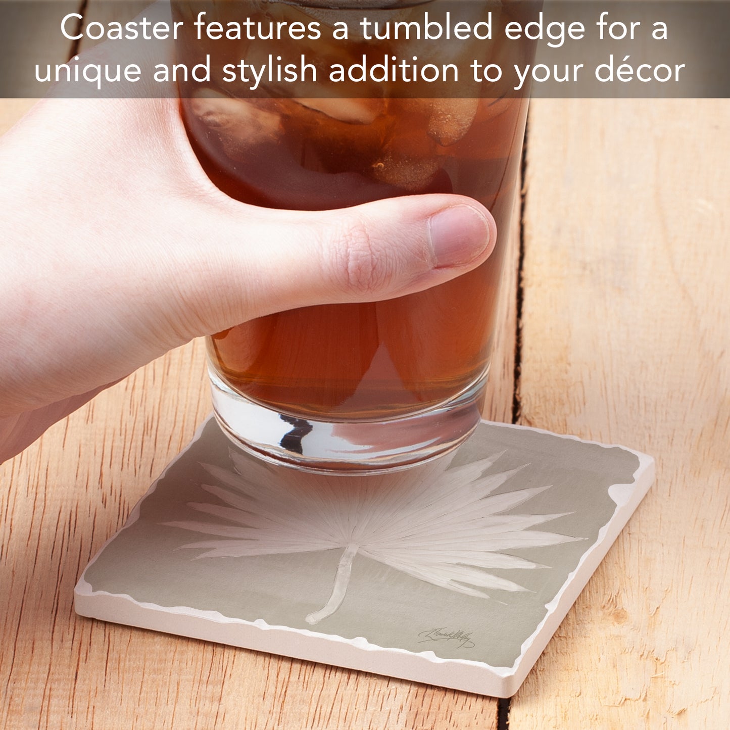 Thirstystone Fan Palm I Single Tumbled Tile Stone Coaster with Protective Cork Backing Manufactured in The USA 4" Square, Colorful, Artistiic, Easily Wipes Clean