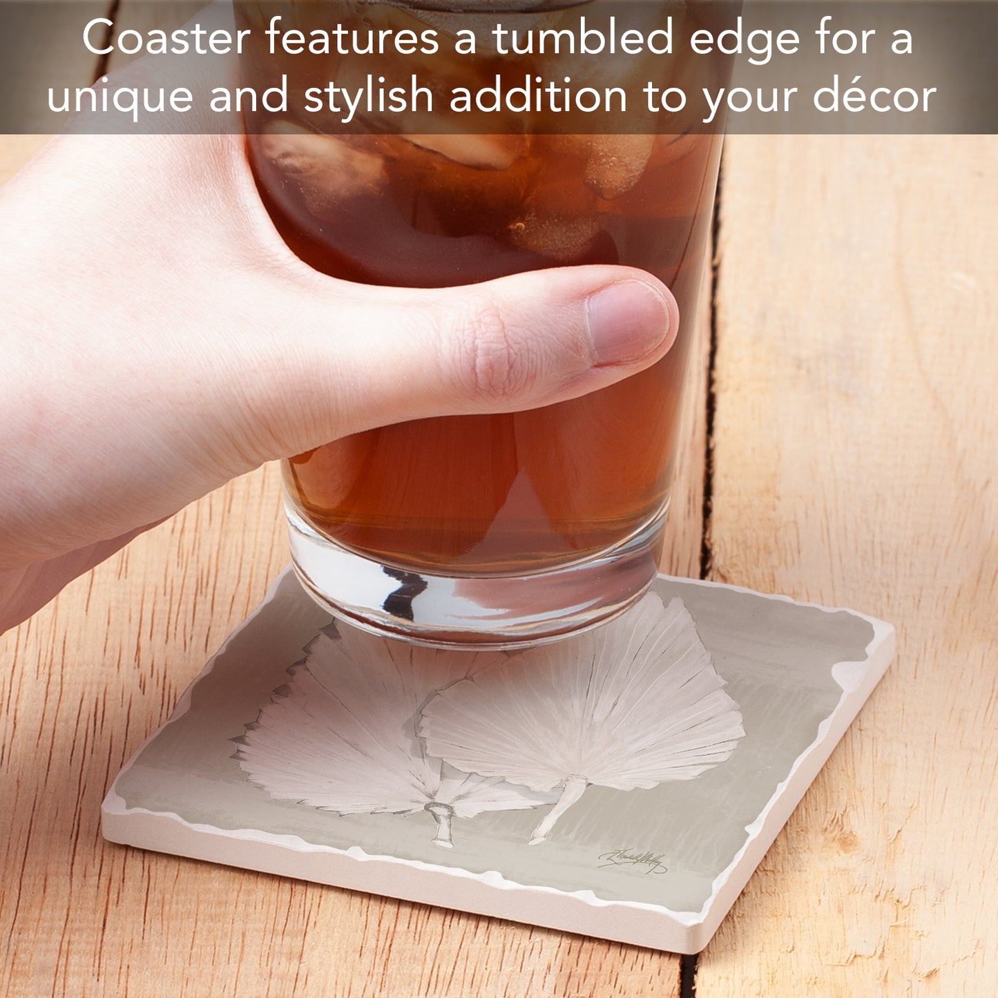 Thirstystone Fan Palm II Single Tumbled Tile Stone Coaster with Protective Cork Backing Manufactured in The USA 4" Square, Colorful, Artistiic, Easily Wipes Clean