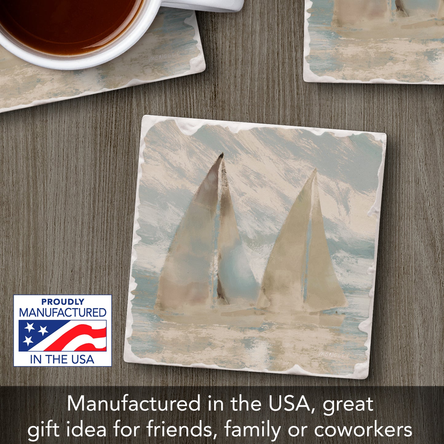 Thirstystone Sail at Dawn Single Tumbled Tile Stone Coaster with Protective Cork Backing Manufactured in The USA 4" Square, Colorful, Artistiic, Easily Wipes Clean