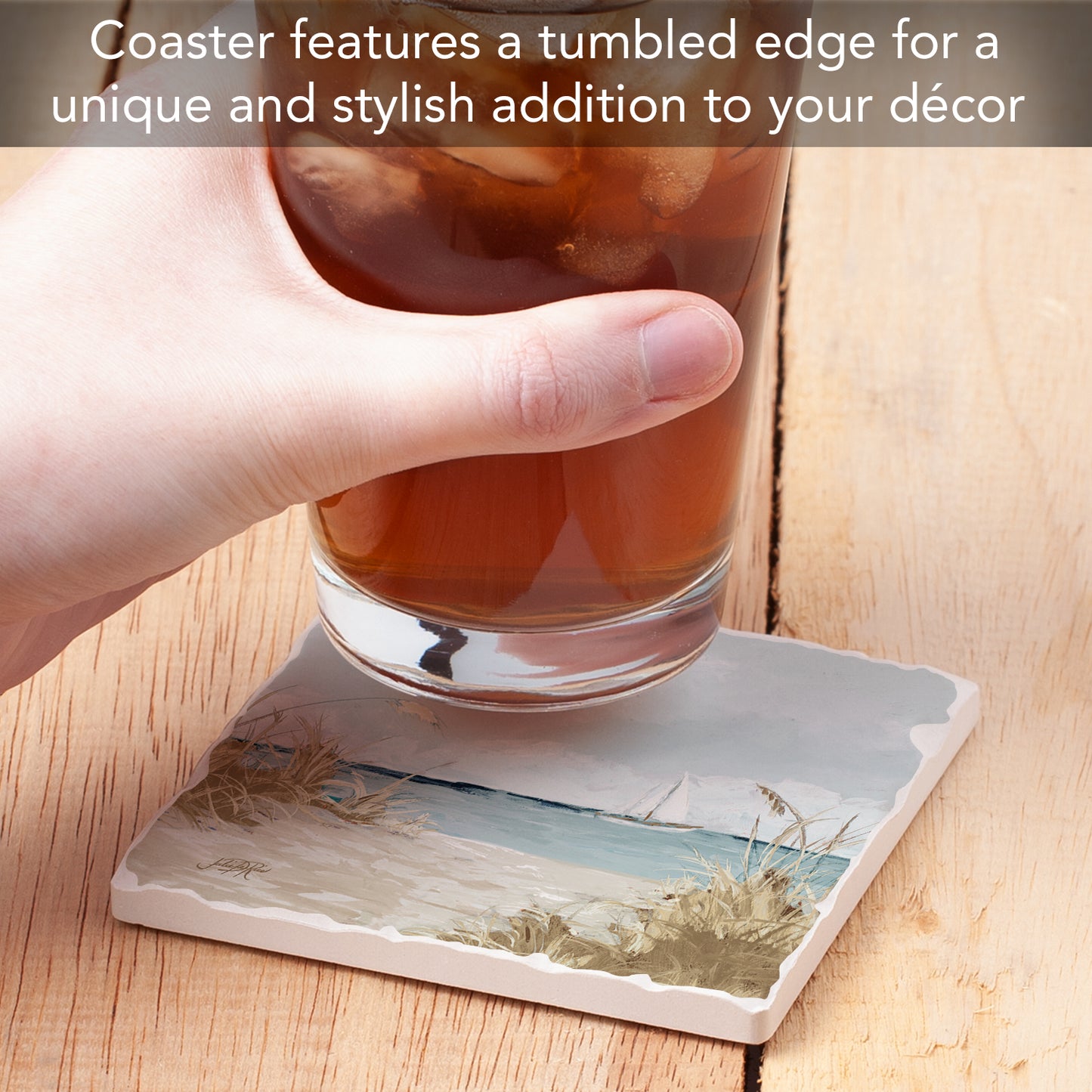 Thirstystone Peek at Beach Single Tumbled Tile Stone Coaster with Protective Cork Backing Manufactured in The USA 4" Square, Colorful, Artistiic, Easily Wipes Clean