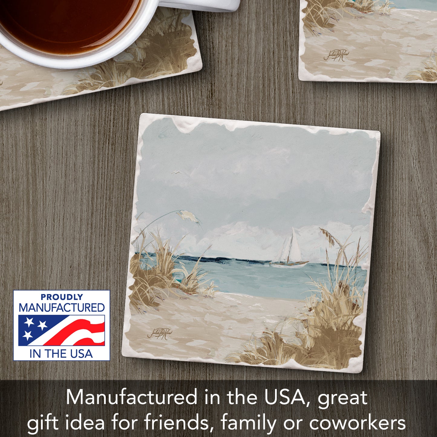 Thirstystone Peek at Beach Single Tumbled Tile Stone Coaster with Protective Cork Backing Manufactured in The USA 4" Square, Colorful, Artistiic, Easily Wipes Clean