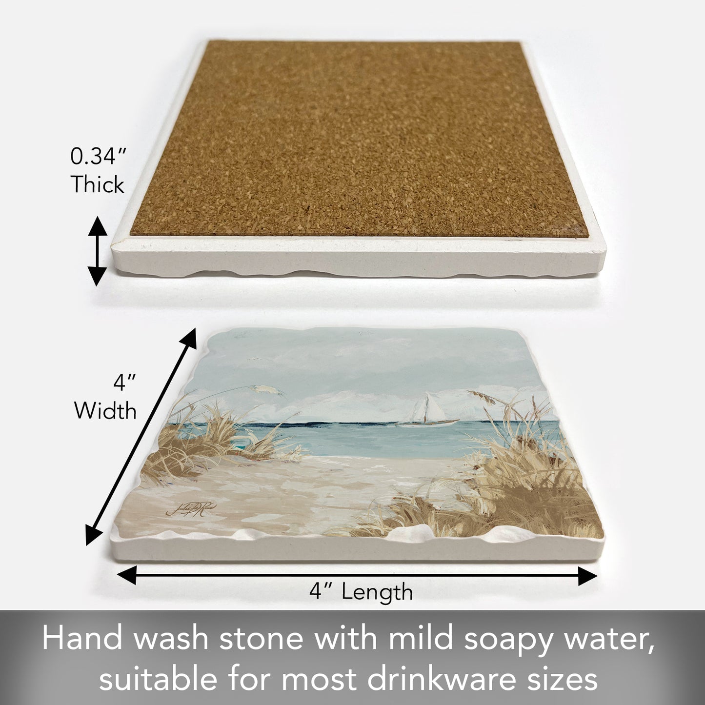 Thirstystone Peek at Beach Single Tumbled Tile Stone Coaster with Protective Cork Backing Manufactured in The USA 4" Square, Colorful, Artistiic, Easily Wipes Clean