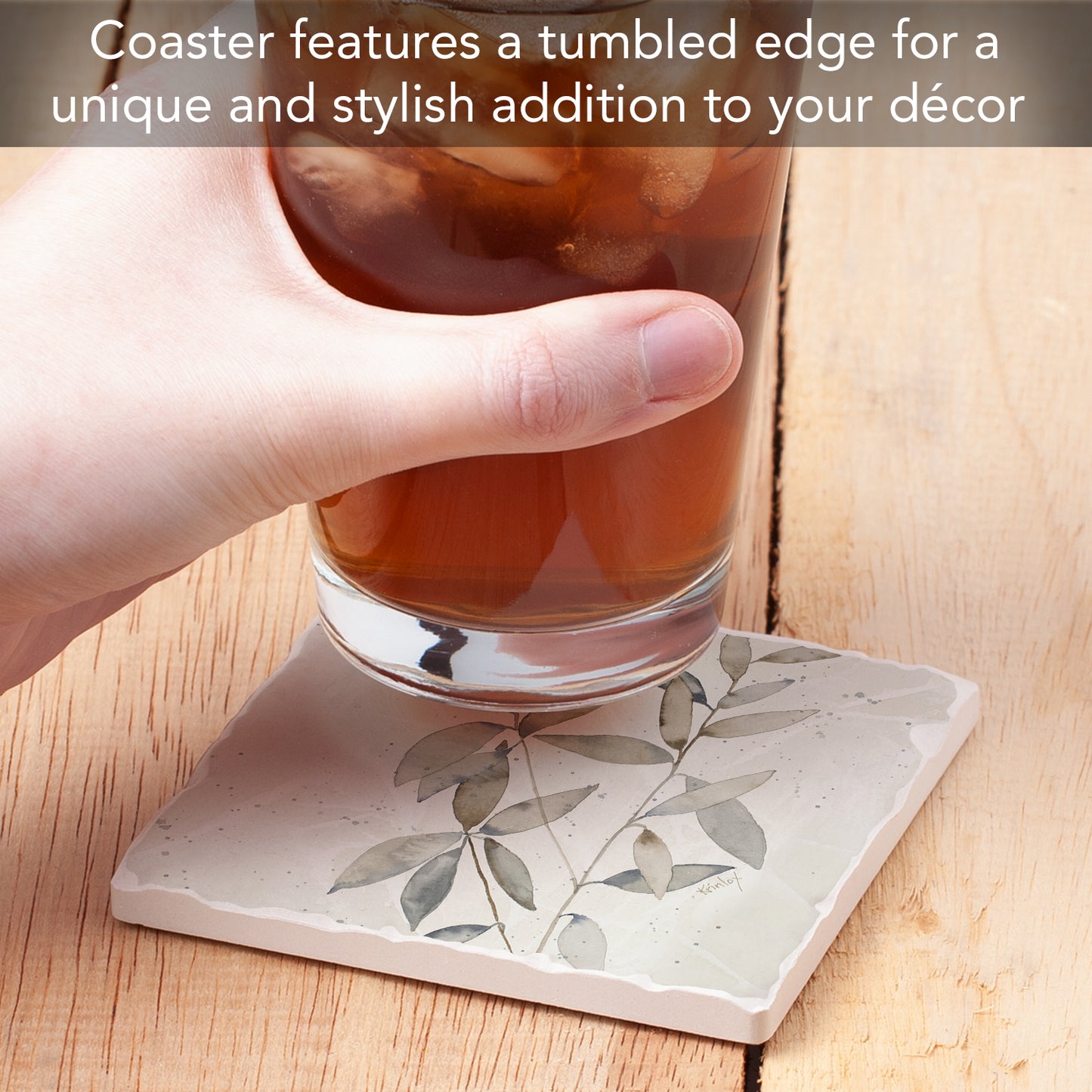 Thirstystone Neutral Botanicals Design I Single Tumbled Tile Stone Coaster with Protective Cork Backing Manufactured in The USA 4" Square, Colorful, Artistiic, Easily Wipes Clean