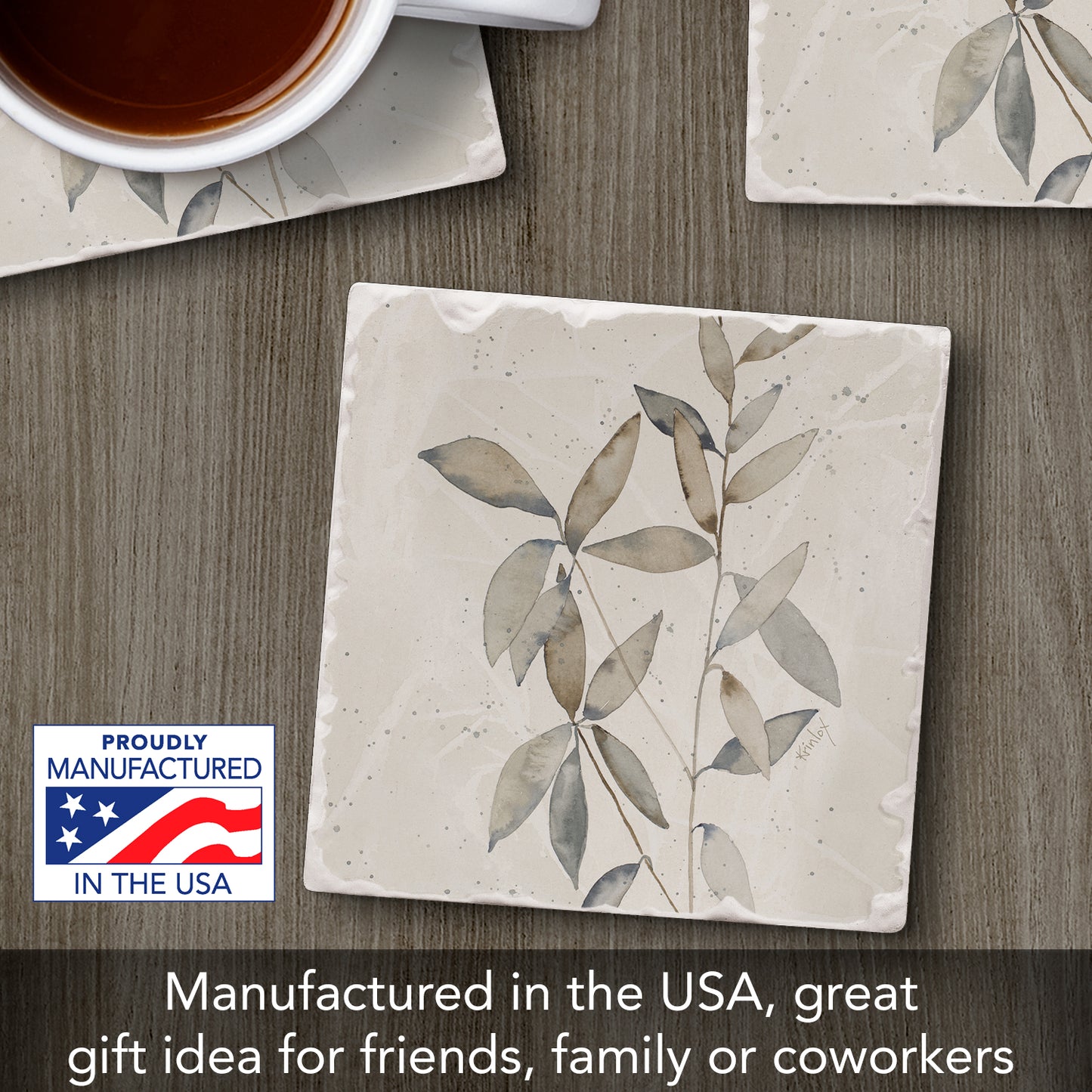 Thirstystone Neutral Botanicals Design I Single Tumbled Tile Stone Coaster with Protective Cork Backing Manufactured in The USA 4" Square, Colorful, Artistiic, Easily Wipes Clean