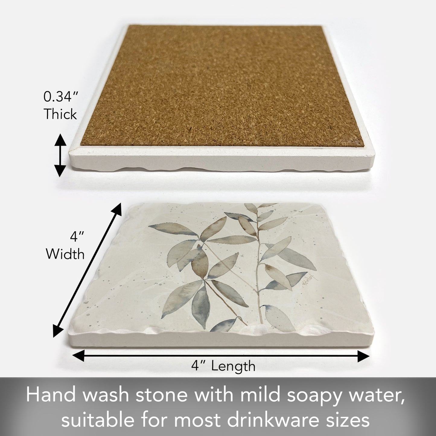 Thirstystone Neutral Botanicals Design I Single Tumbled Tile Stone Coaster with Protective Cork Backing Manufactured in The USA 4" Square, Colorful, Artistiic, Easily Wipes Clean
