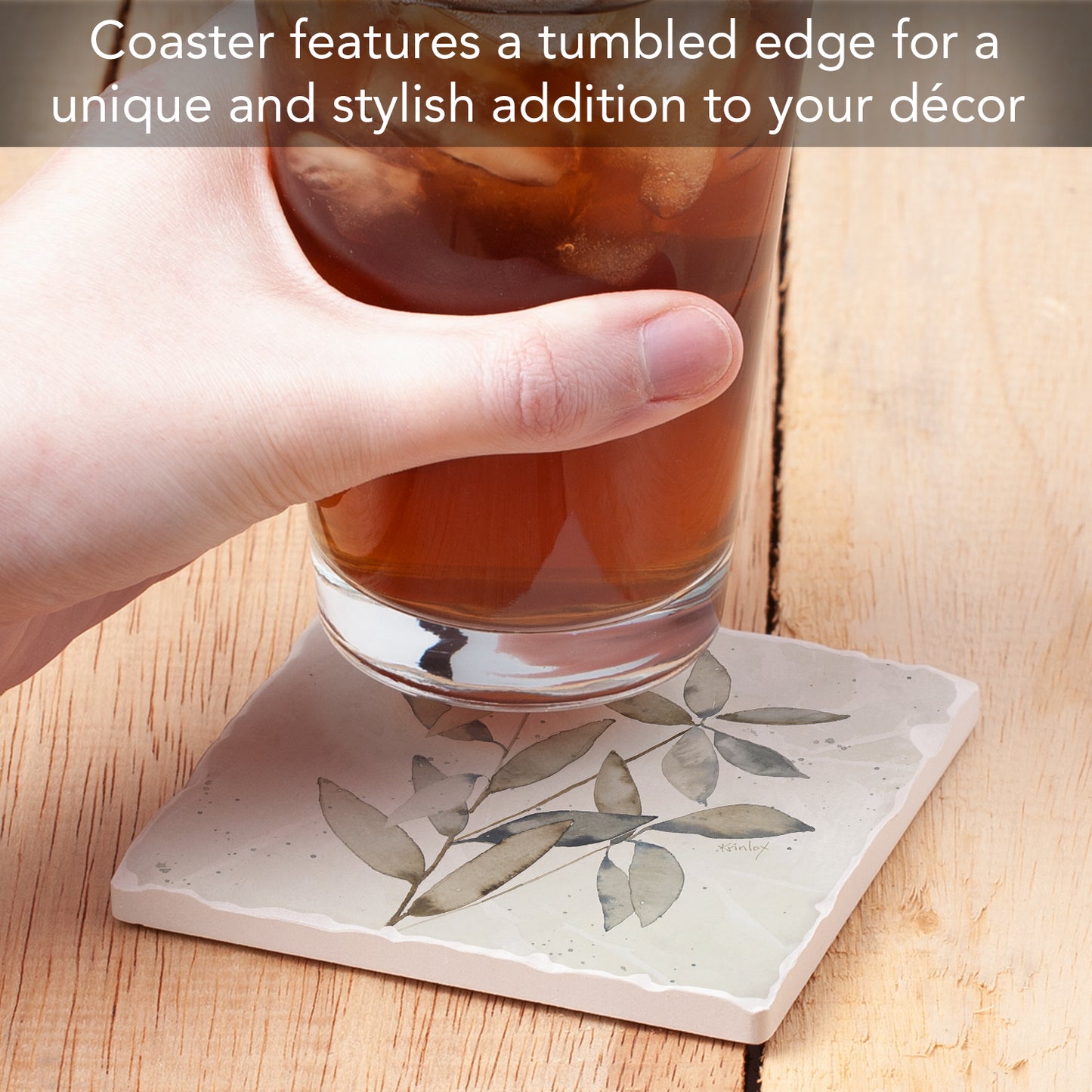 Thirstystone Neutral Botanicals Design II Single Tumbled Tile Stone Coaster with Protective Cork Backing Manufactured in The USA 4" Square, Colorful, Artistiic, Easily Wipes Clean