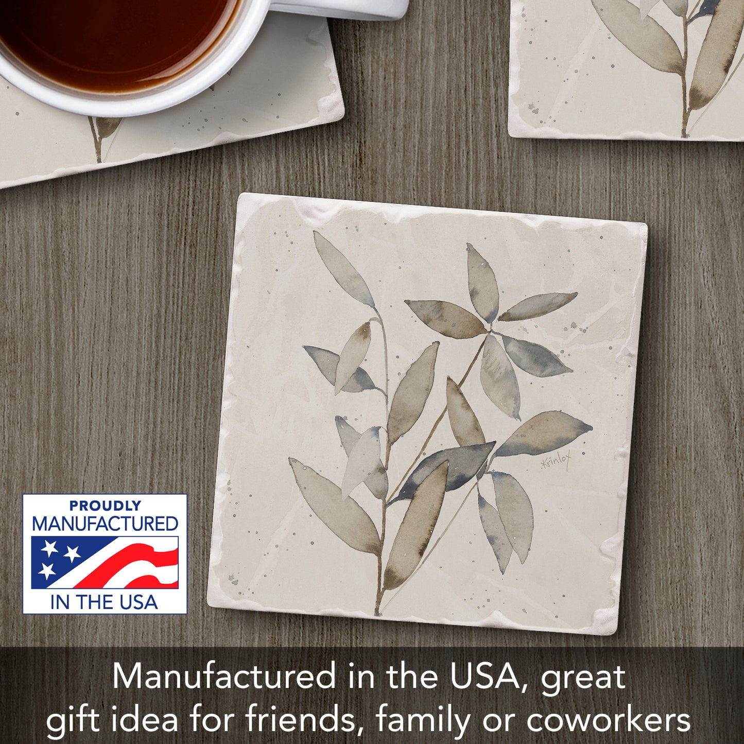 Thirstystone Neutral Botanicals Design II Single Tumbled Tile Stone Coaster with Protective Cork Backing Manufactured in The USA 4" Square, Colorful, Artistiic, Easily Wipes Clean