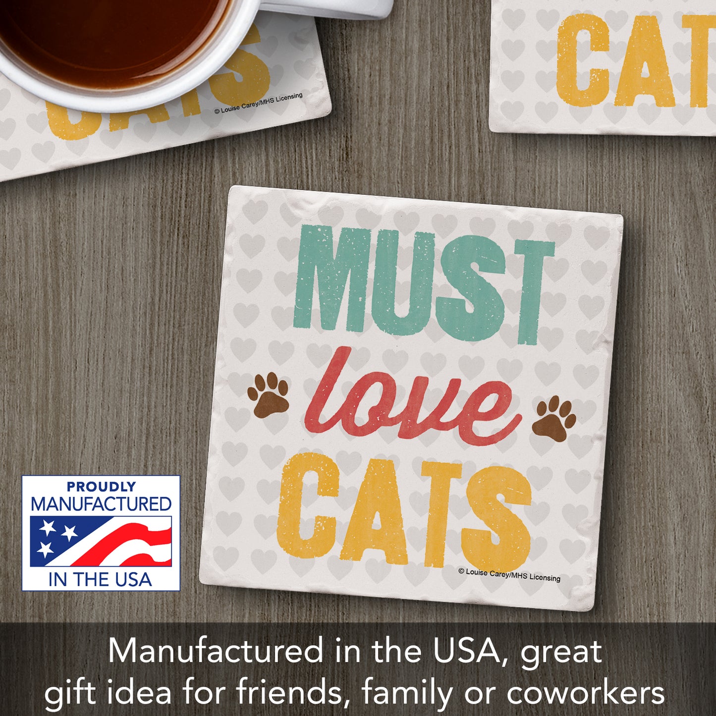 Thirstystone Must Love Cats Single Tumbled Tile Stone Coaster with Protective Cork Backing Manufactured in The USA 4" Square, Artistic, Easily Wipes Clean