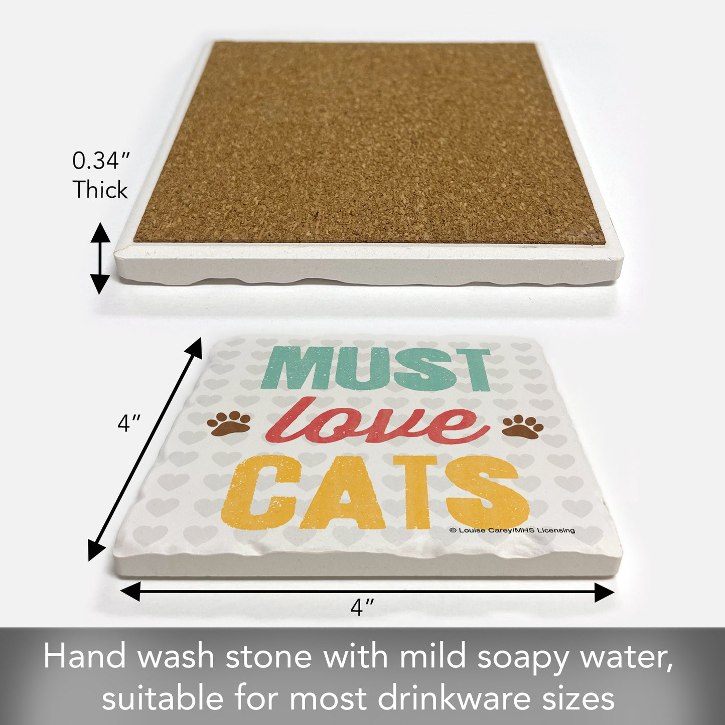 Thirstystone Must Love Cats Single Tumbled Tile Stone Coaster with Protective Cork Backing Manufactured in The USA 4" Square, Artistic, Easily Wipes Clean