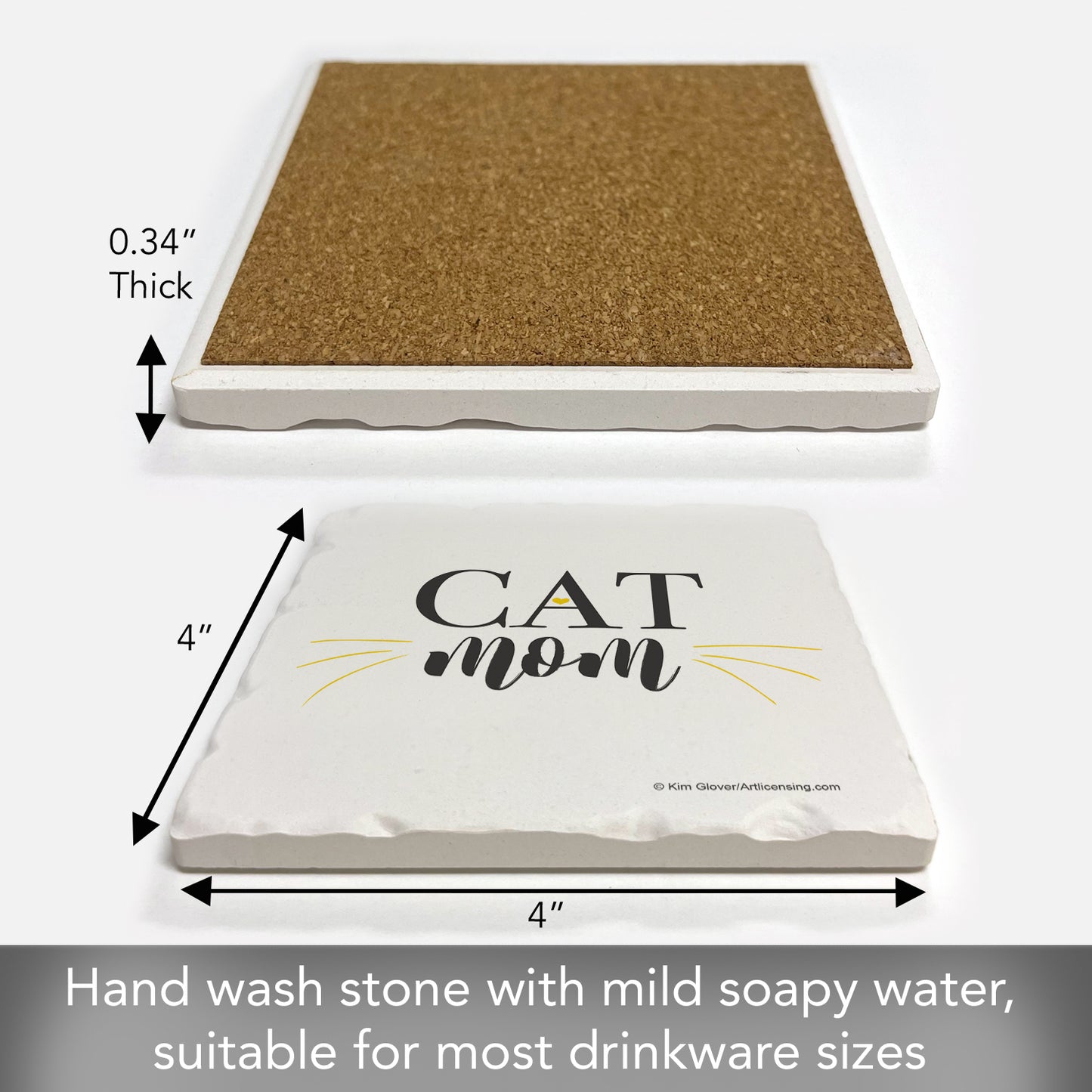 Thirstystone Cat Mom Single Tumbled Tile Stone Coaster with Protective Cork Backing Manufactured in The USA 4" Square, Artistic, Easily Wipes Clean