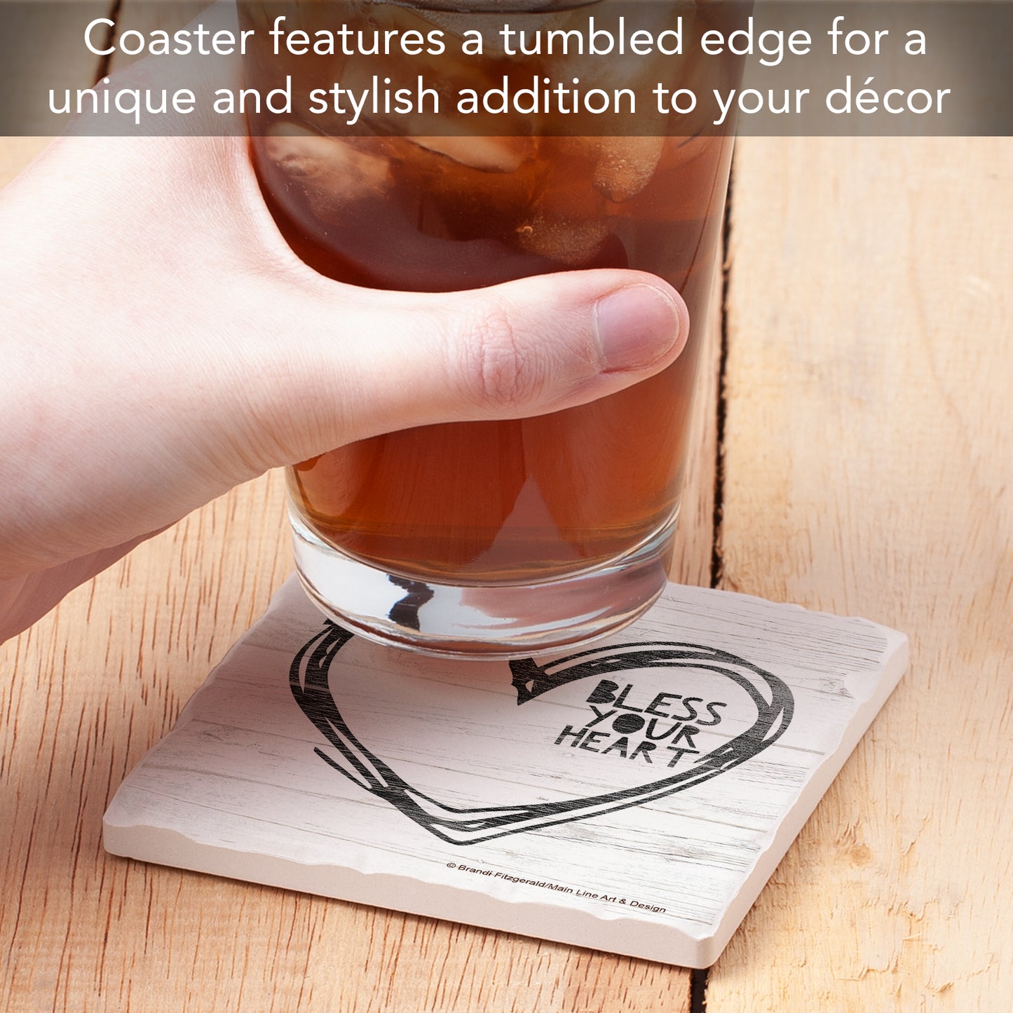 Thirstystone Bless Your Heart Single Tumbled Tile Stone Coaster with Protective Cork Backing Manufactured in The USA 4" Square, Artistic, Easily Wipes Clean