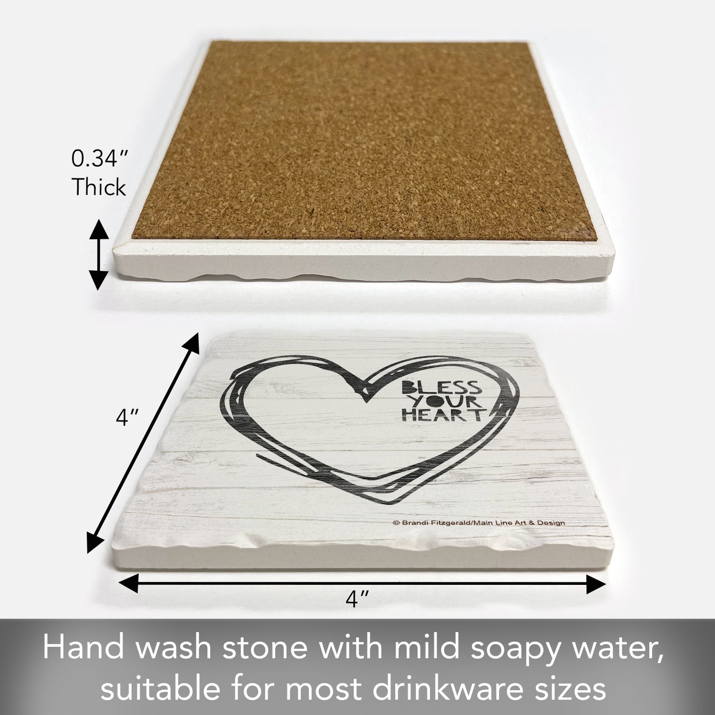 Thirstystone Bless Your Heart Single Tumbled Tile Stone Coaster with Protective Cork Backing Manufactured in The USA 4" Square, Artistic, Easily Wipes Clean