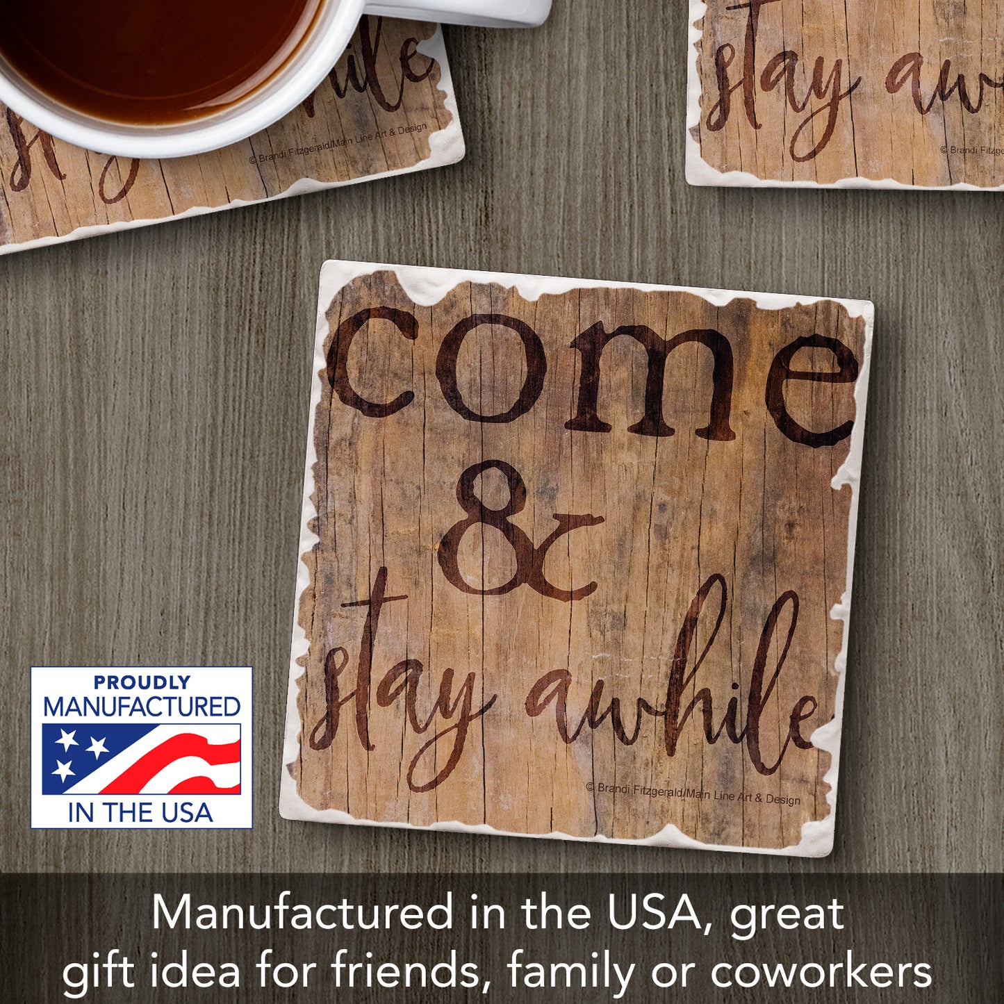 Thirstystone Stay Awhile Single Tumbled Tile Stone Coaster with Protective Cork Backing Manufactured in The USA 4" Square, Artistic, Easily Wipes Clean