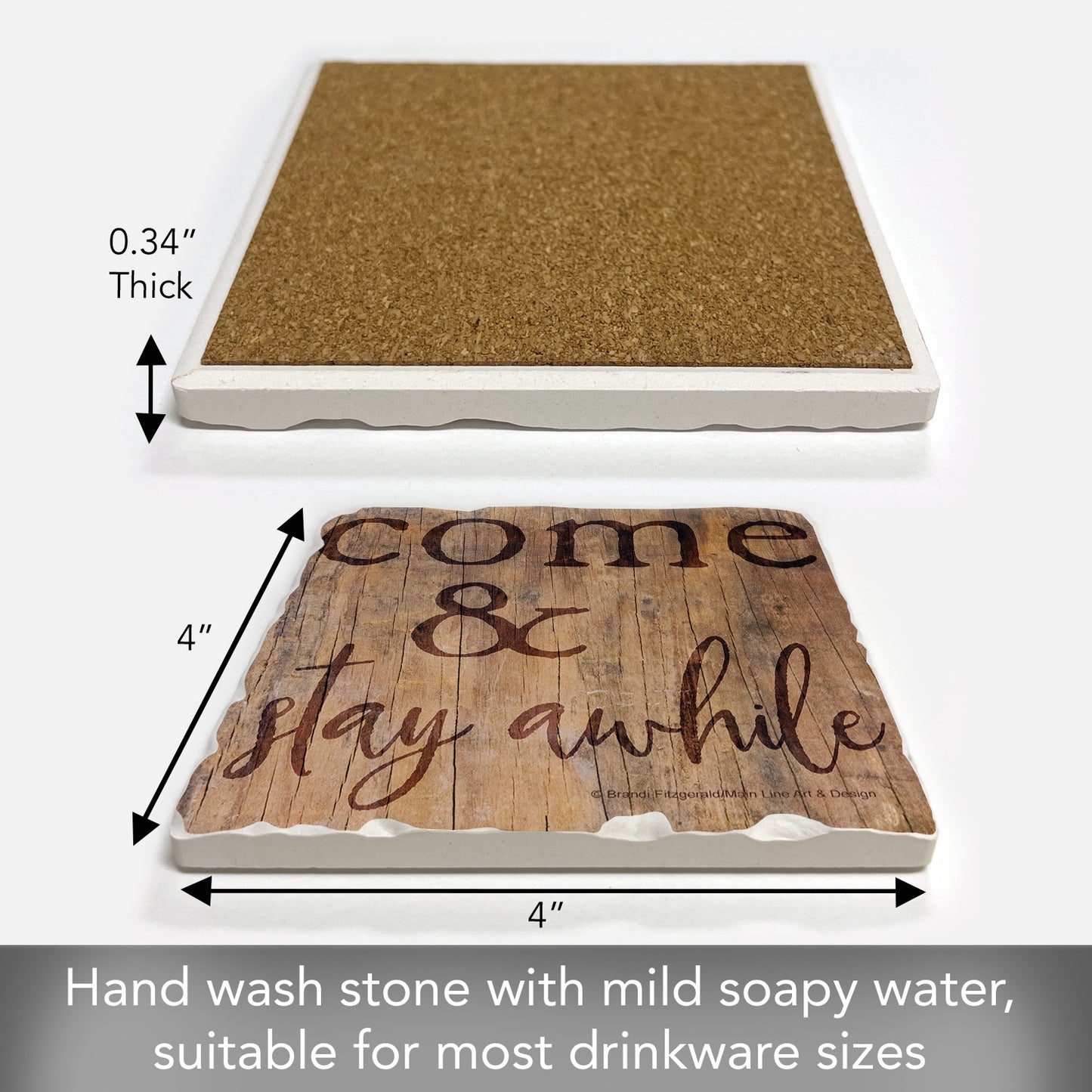 Thirstystone Stay Awhile Single Tumbled Tile Stone Coaster with Protective Cork Backing Manufactured in The USA 4" Square, Artistic, Easily Wipes Clean