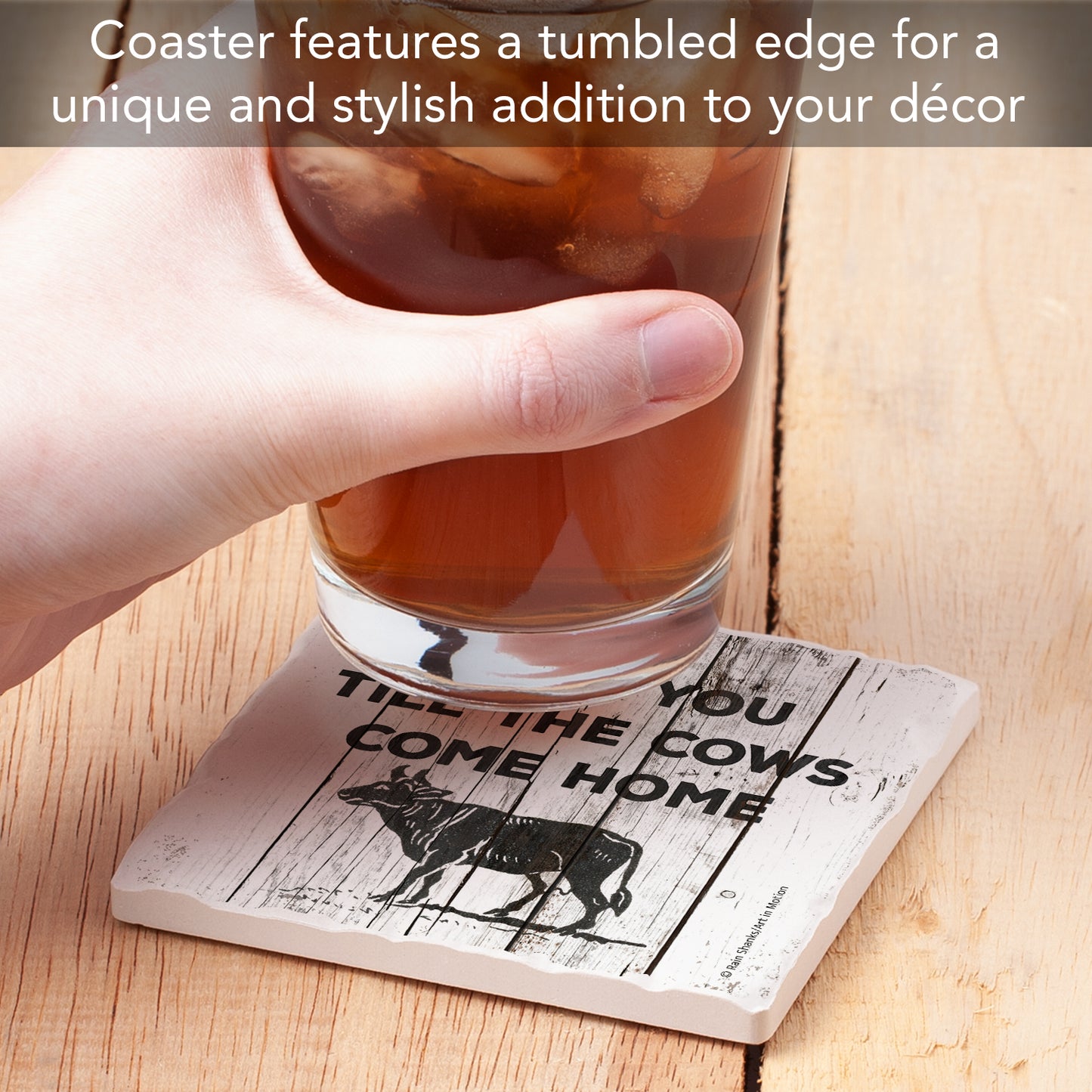 Thirstystone Until The Cows Come Home Single Tumbled Tile Stone Coaster with Protective Cork Backing Manufactured in The USA 4" Square, Artistic, Easily Wipes Clean