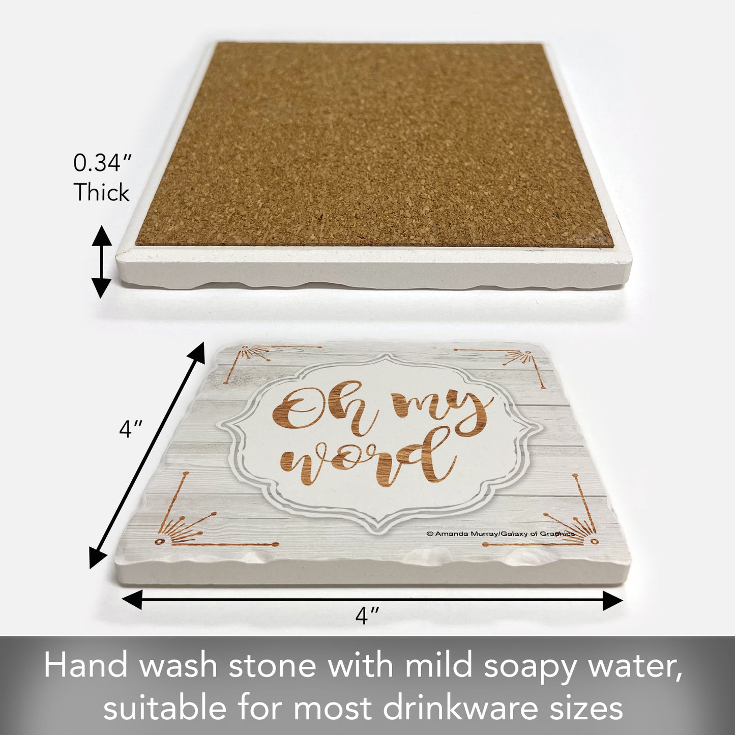 Thirstystone My Word Single Tumbled Tile Stone Coaster with Protective Cork Backing Manufactured in The USA 4" Square, Artistic, Easily Wipes Clean
