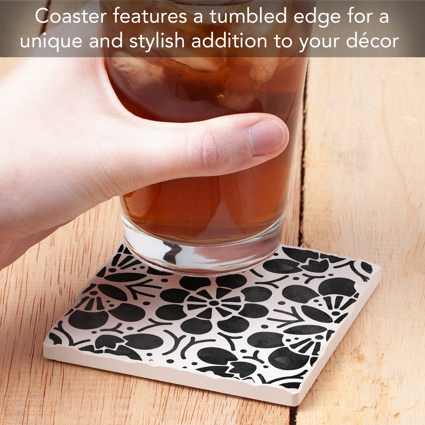 Thirstystone Black Flowers Single Tumbled Tile Stone Coaster with Protective Cork Backing Manufactured in The USA 4" Square, Colorful, Artistic, Easily Wipes Clean