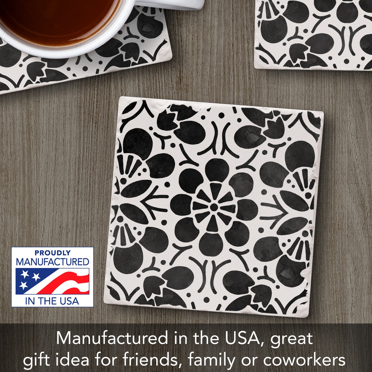 Thirstystone Black Flowers Single Tumbled Tile Stone Coaster with Protective Cork Backing Manufactured in The USA 4" Square, Colorful, Artistic, Easily Wipes Clean