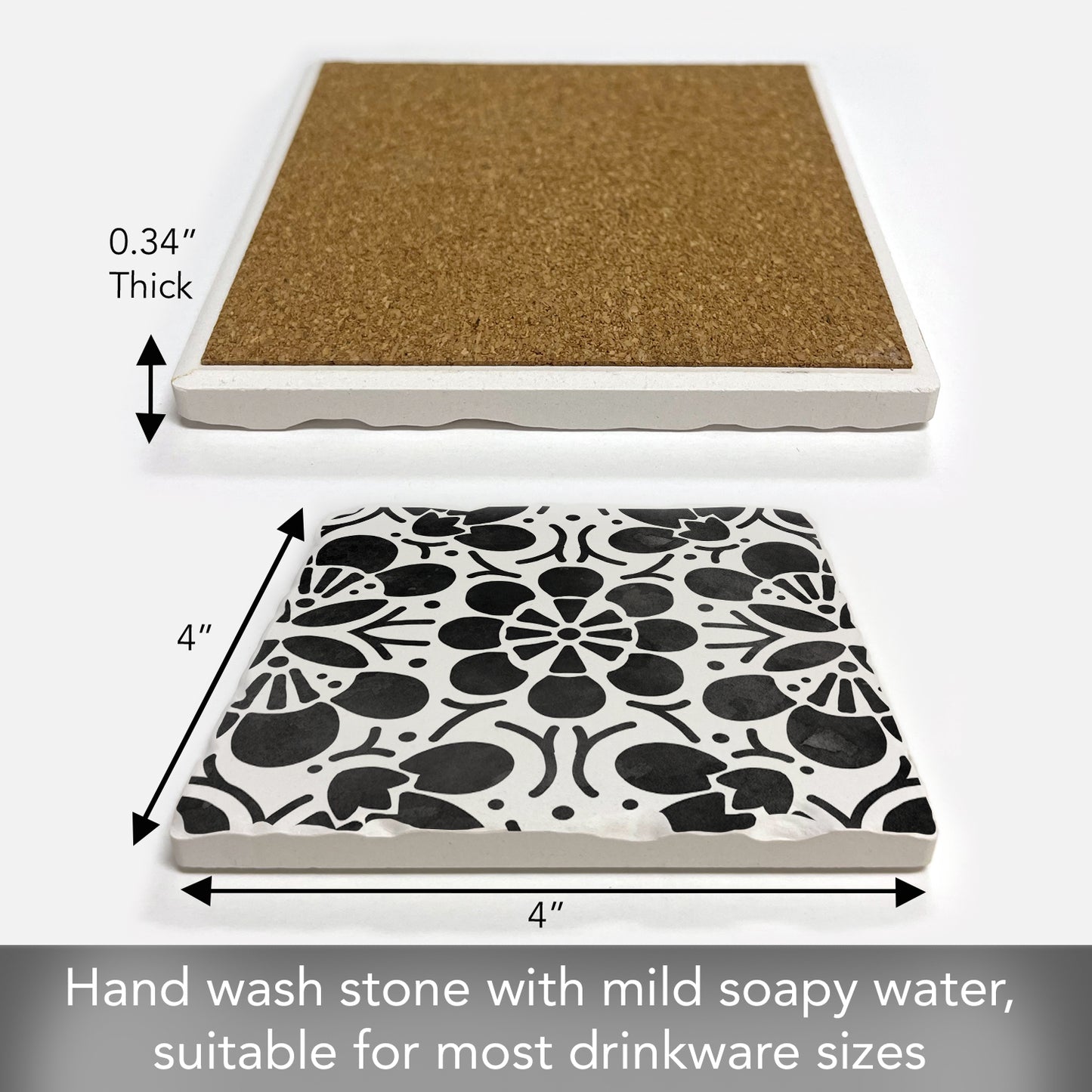 Thirstystone Black Flowers Single Tumbled Tile Stone Coaster with Protective Cork Backing Manufactured in The USA 4" Square, Colorful, Artistic, Easily Wipes Clean