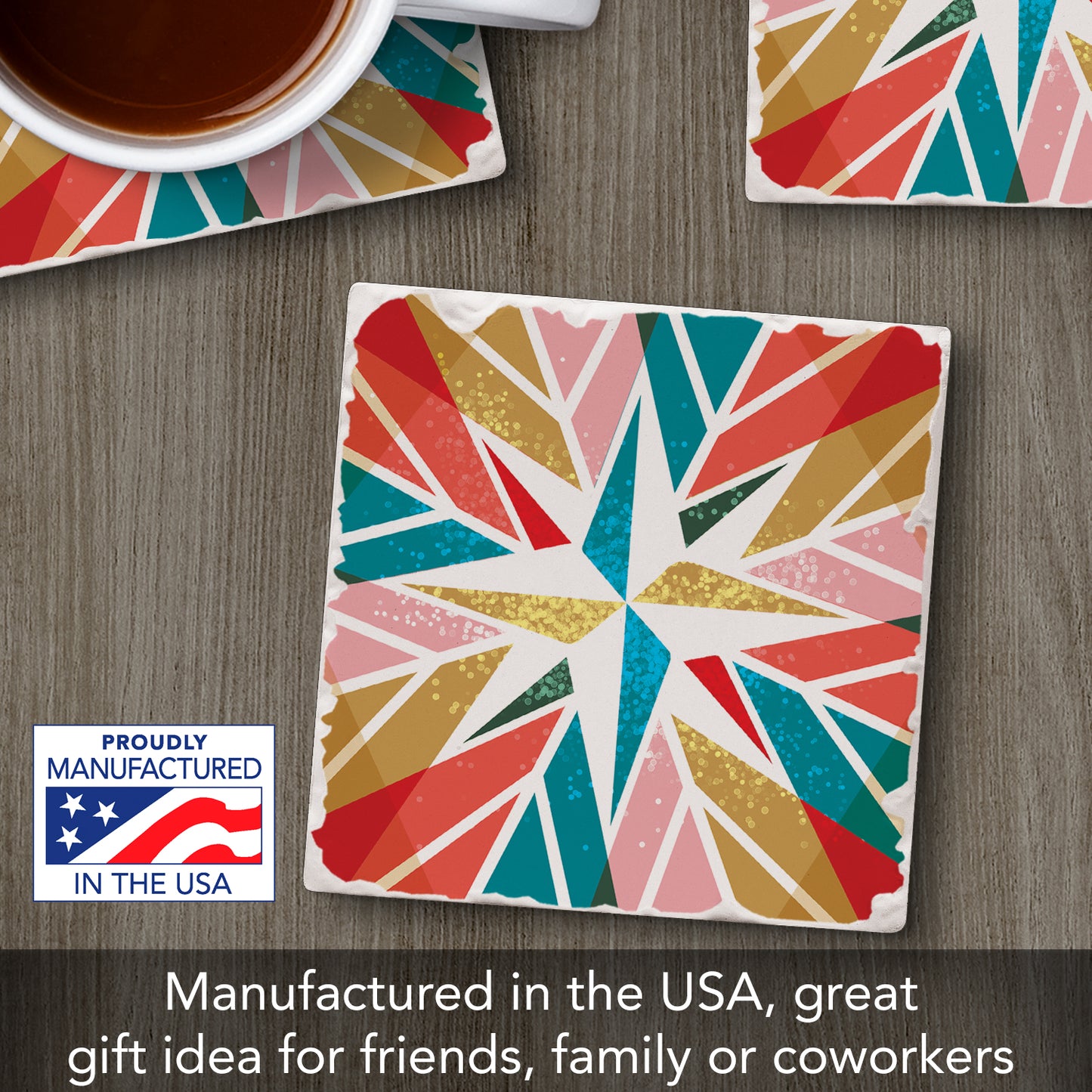 Thirstystone Retro Holiday Star Single Absorbent Stone Coaster with Protective Cork Backing Manufactured in The USA 4" Square, Artistic, Easily Wipes Clean