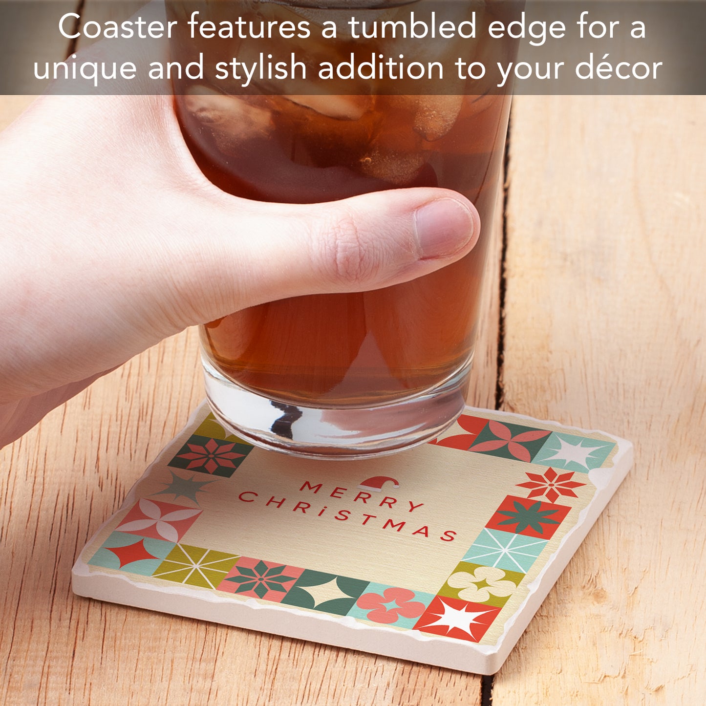 Thirstystone Retro Merry Christmas Single Tumbled Tile Coaster with Protective Cork Backing Manufactured in The USA 4" Square, Artistic, Easily Wipes Clean