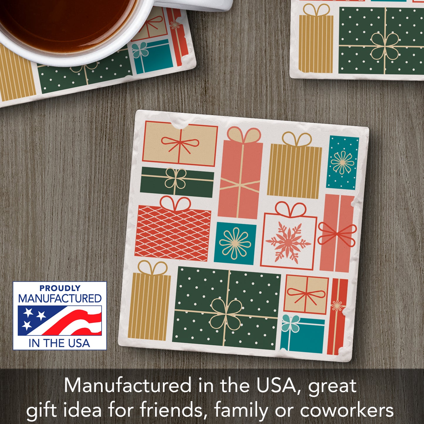 Thirstystone Holiday Packages Single Absorbent Stone Coaster with Protective Cork Backing Manufactured in The USA 4" Square, Artistic, Easily Wipes Clean