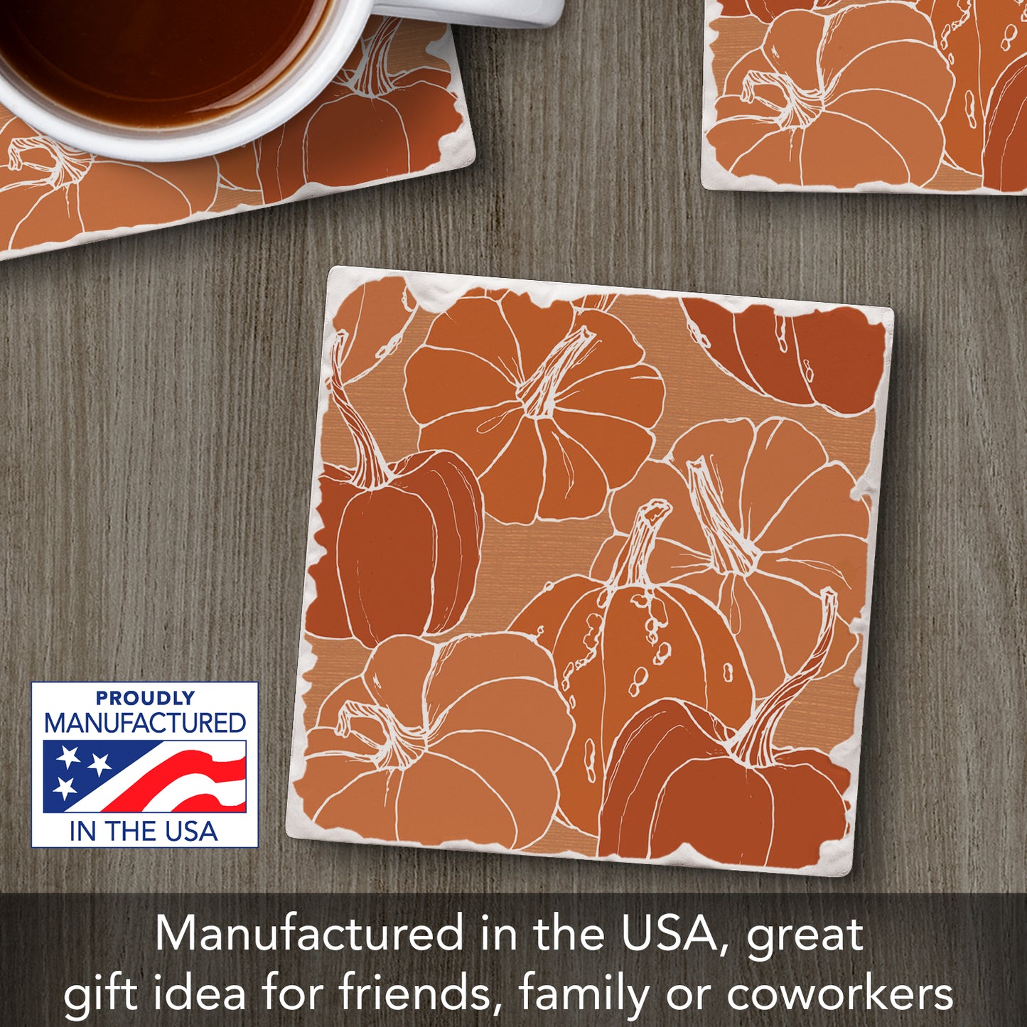 Thirstystone Pumpkins Single Tumbled Tile Stone Coaster with Protective Cork Backing Manufactured in The USA 4" Square, Colorful, Artistiic, Easily Wipes Clean