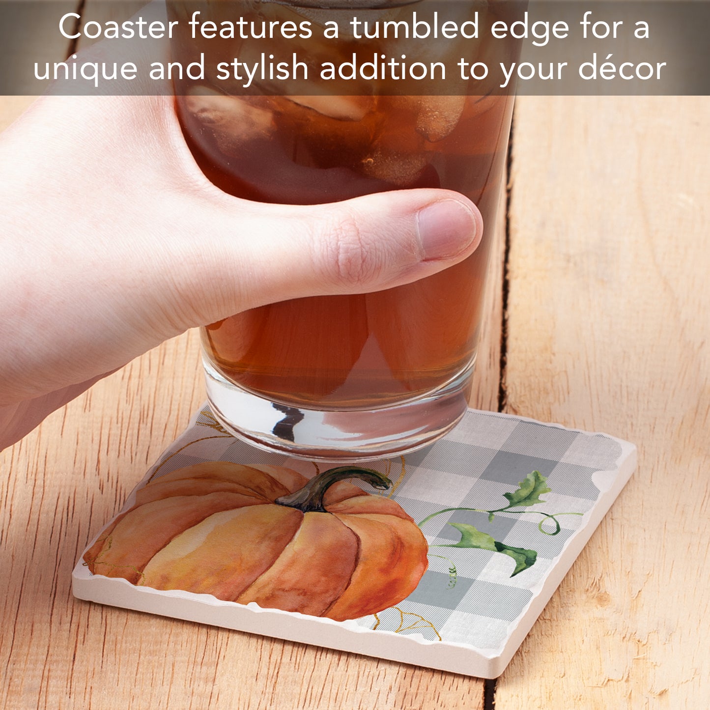 Thirstystone Grey Plaid Pumpkin Single Tumbled Tile Stone Coaster with Protective Cork Backing Manufactured in The USA 4" Square, Colorful, Artistiic, Easily Wipes Clean