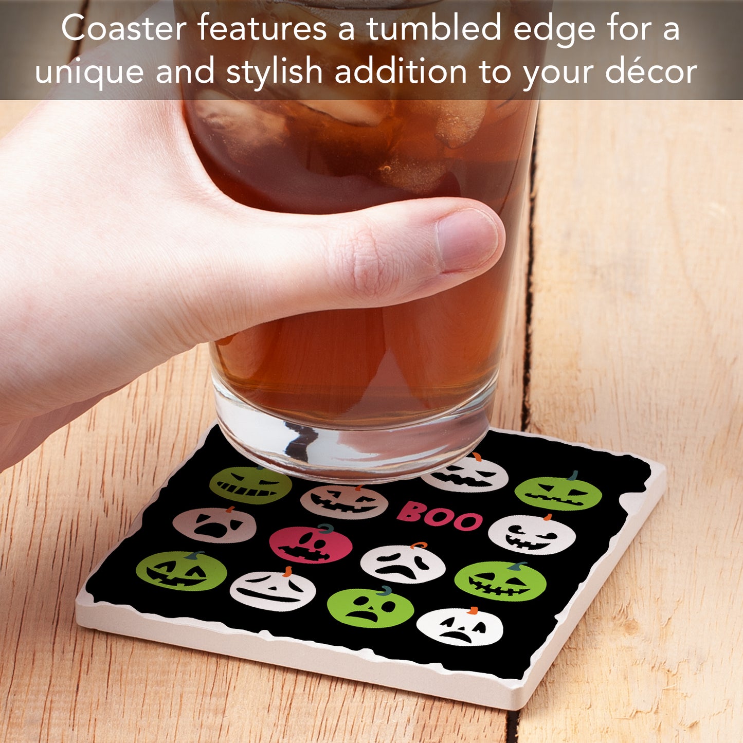 Thirstystone Boo Pumpkins Single Tumbled Tile Stone Coaster with Protective Cork Backing Manufactured in The USA 4" Square, Colorful, Artistiic, Easily Wipes Clean