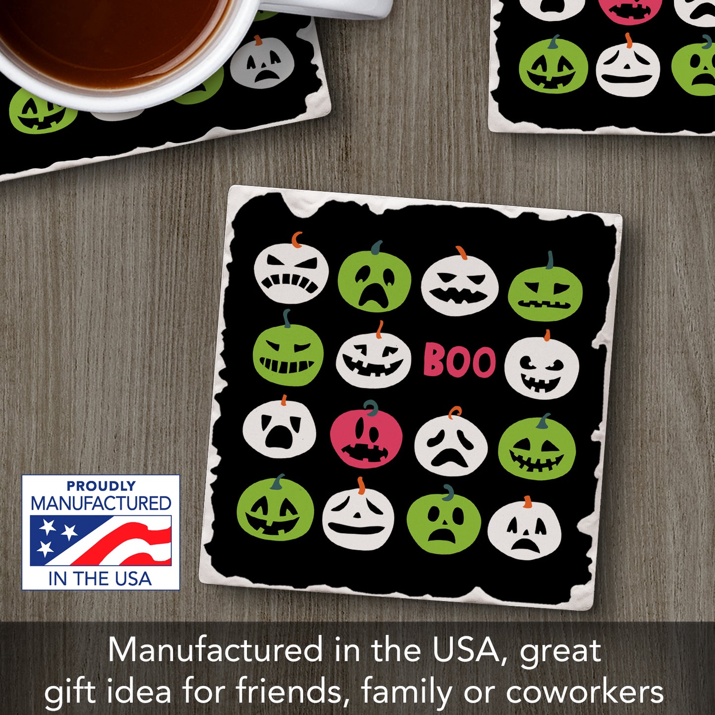 Thirstystone Boo Pumpkins Single Tumbled Tile Stone Coaster with Protective Cork Backing Manufactured in The USA 4" Square, Colorful, Artistiic, Easily Wipes Clean