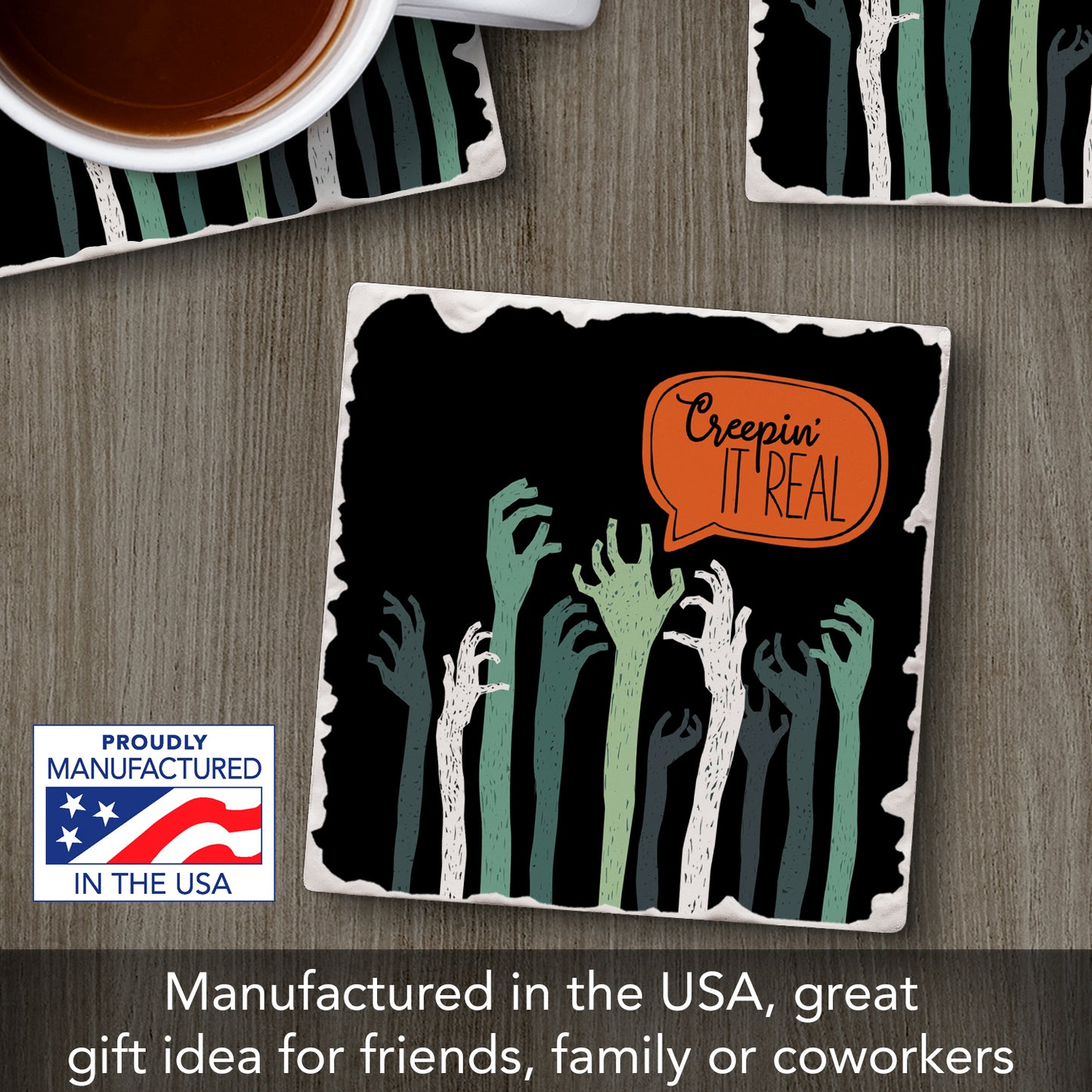 Thirstystone Creepin It Real Single Tumbled Tile Stone Coaster with Protective Cork Backing Manufactured in The USA 4" Square, Colorful, Artistiic, Easily Wipes Clean
