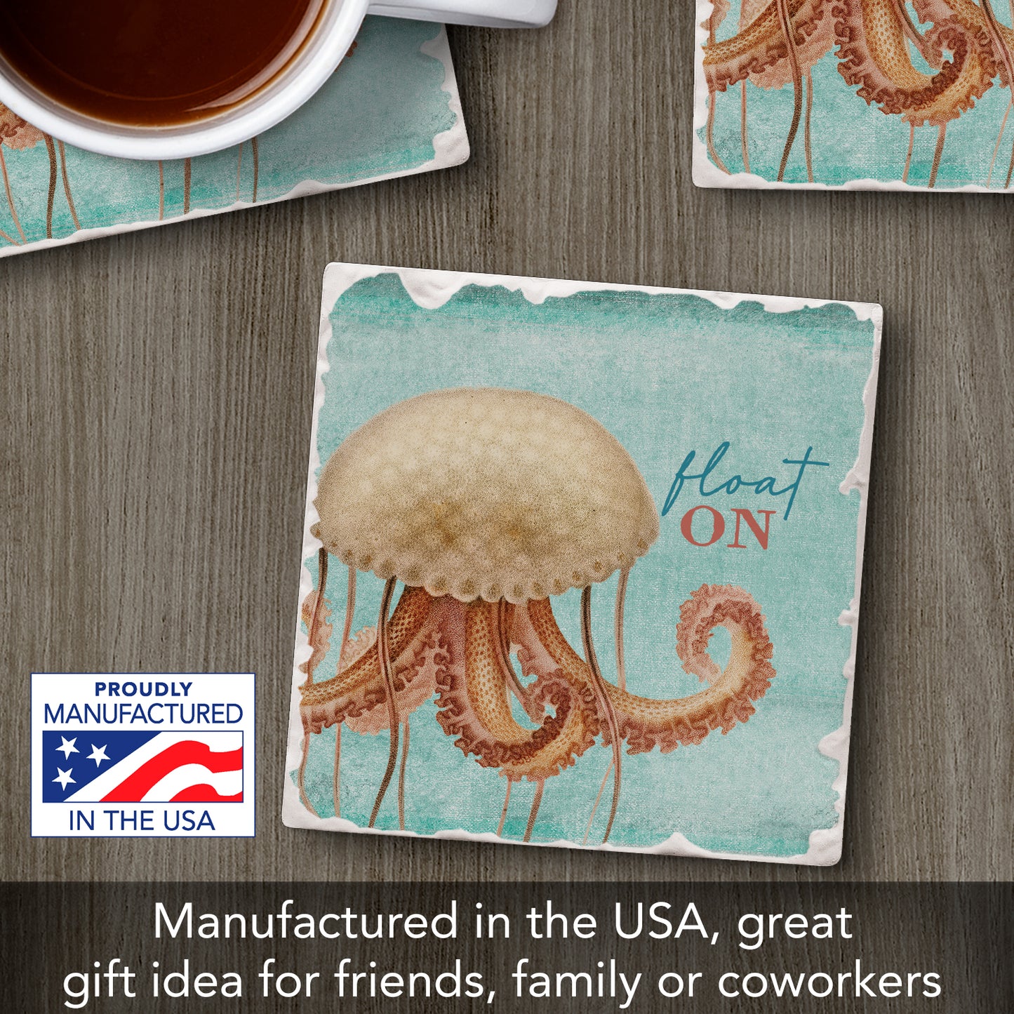 Thirstystone Float On Single Tumbled Tile Stone Coaster with Protective Cork Backing Manufactured in The USA 4" Square, Artistic, Easily Wipes Clean