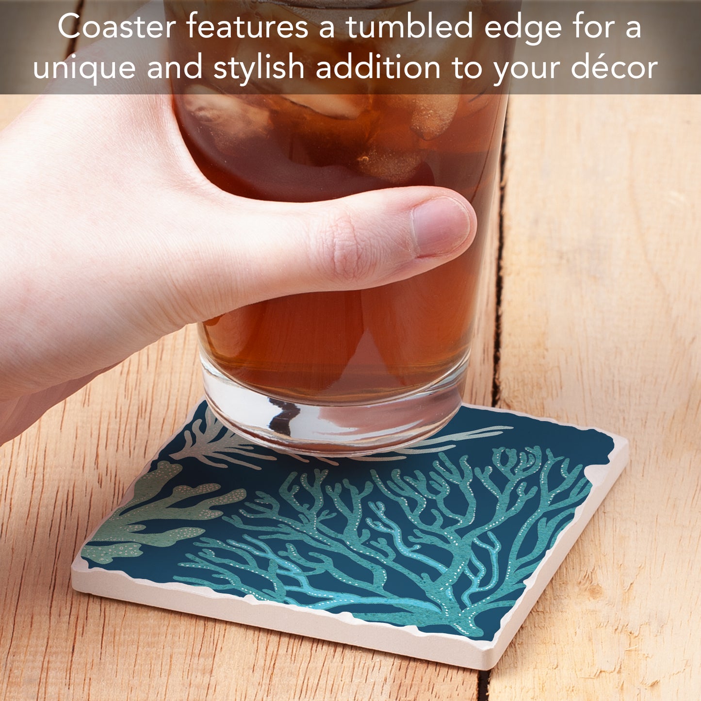 Thirstystone Coral Blues Single Tumbled Tile Stone Coaster with Protective Cork Backing Manufactured in The USA 4" Square, Artistic, Easily Wipes Clean