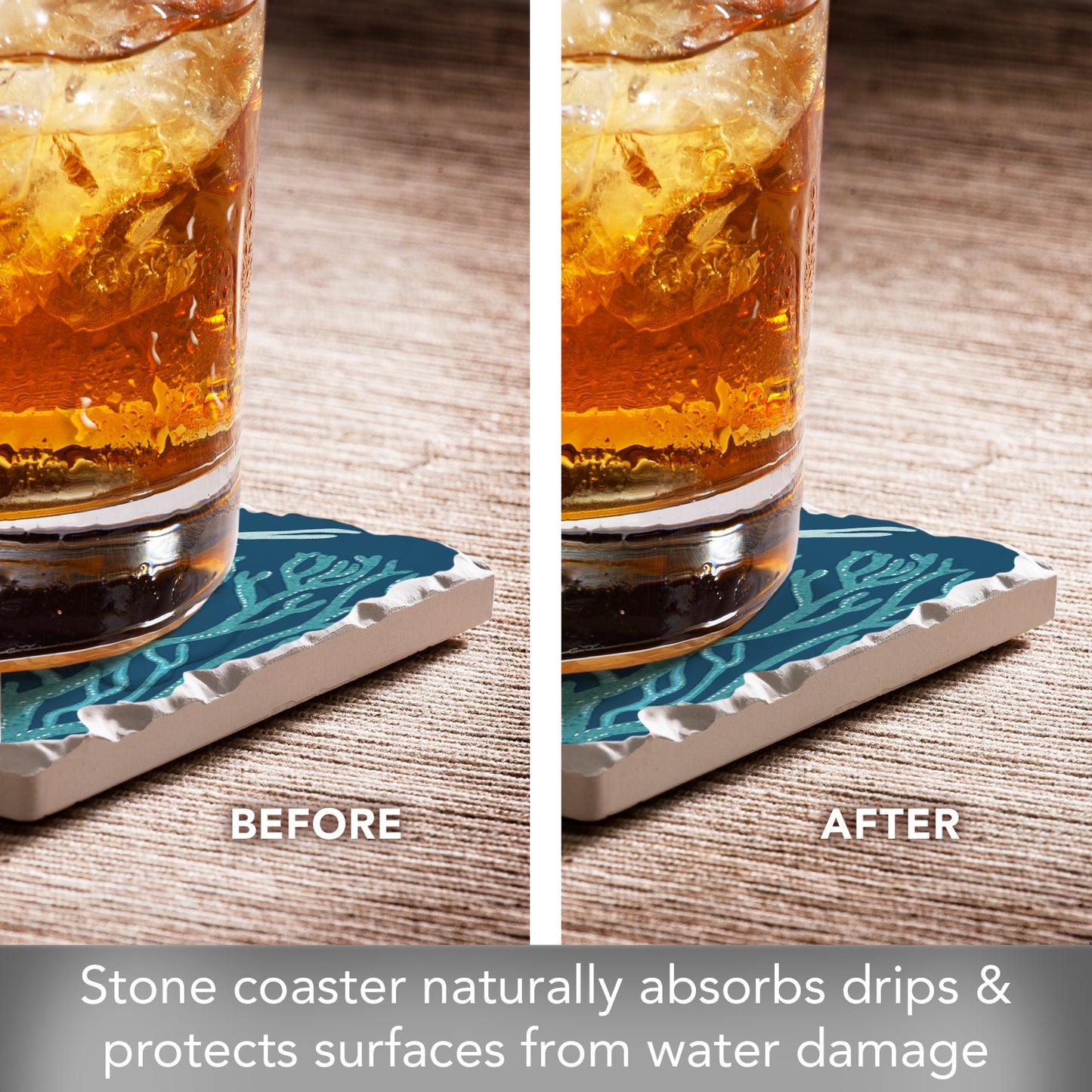 Thirstystone Coral Blues Single Tumbled Tile Stone Coaster with Protective Cork Backing Manufactured in The USA 4" Square, Artistic, Easily Wipes Clean